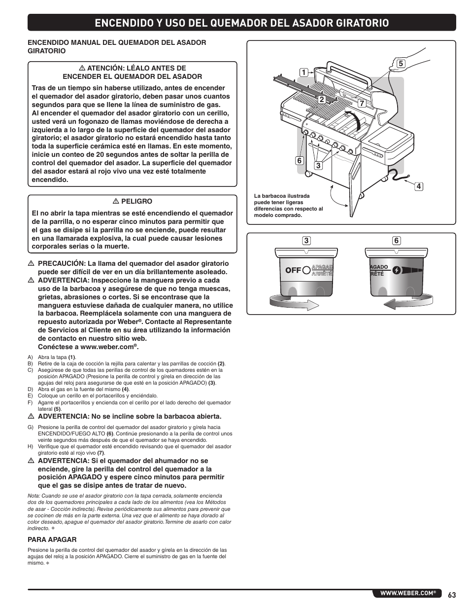 Encendido y uso del quemador del asador giratorio | weber Summit E 470 User Manual | Page 63 / 108