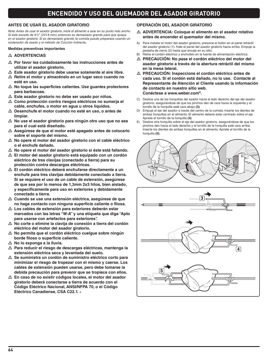 Encendido y uso del quemador del asador giratorio | weber Summit E 470 User Manual | Page 64 / 108