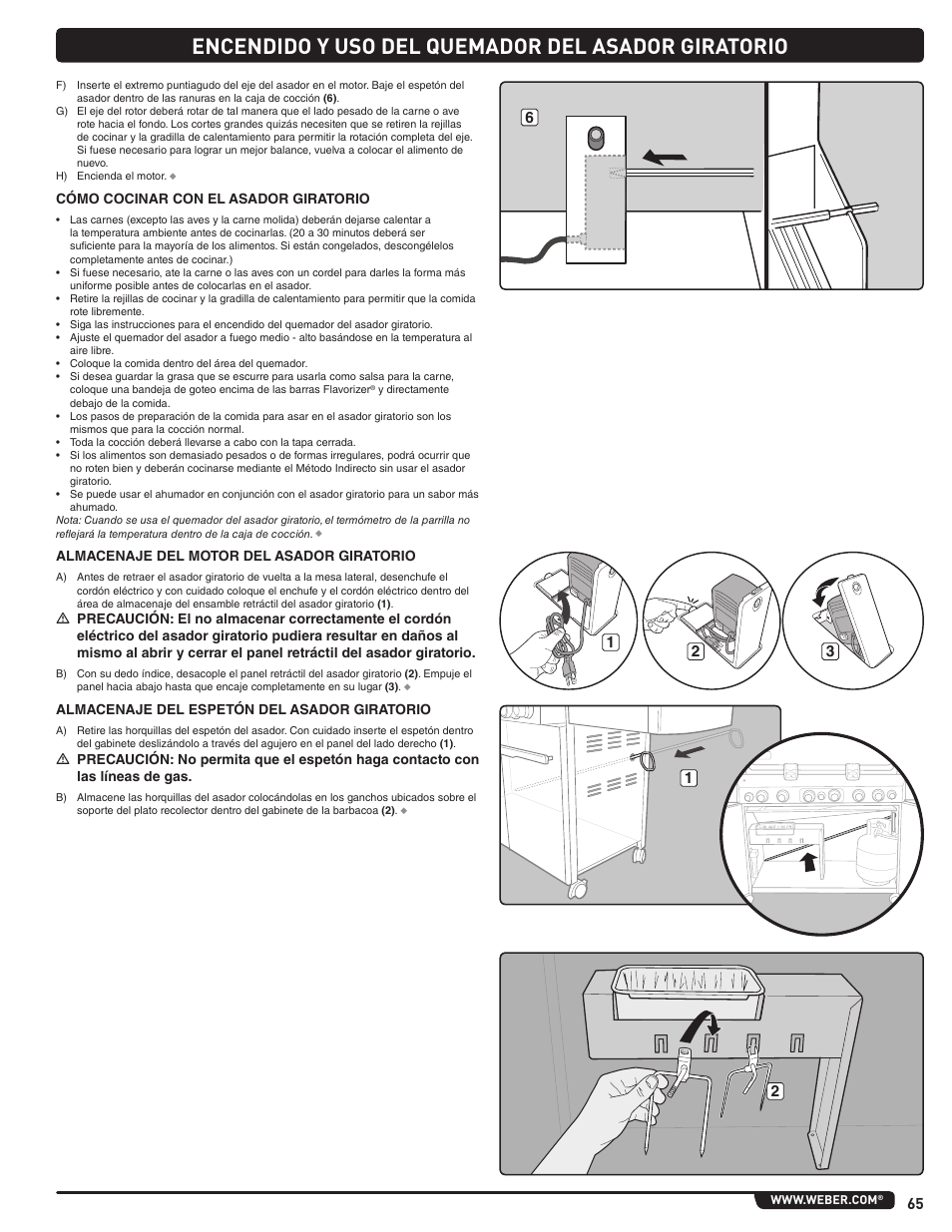 Encendido y uso del quemador del asador giratorio | weber Summit E 470 User Manual | Page 65 / 108