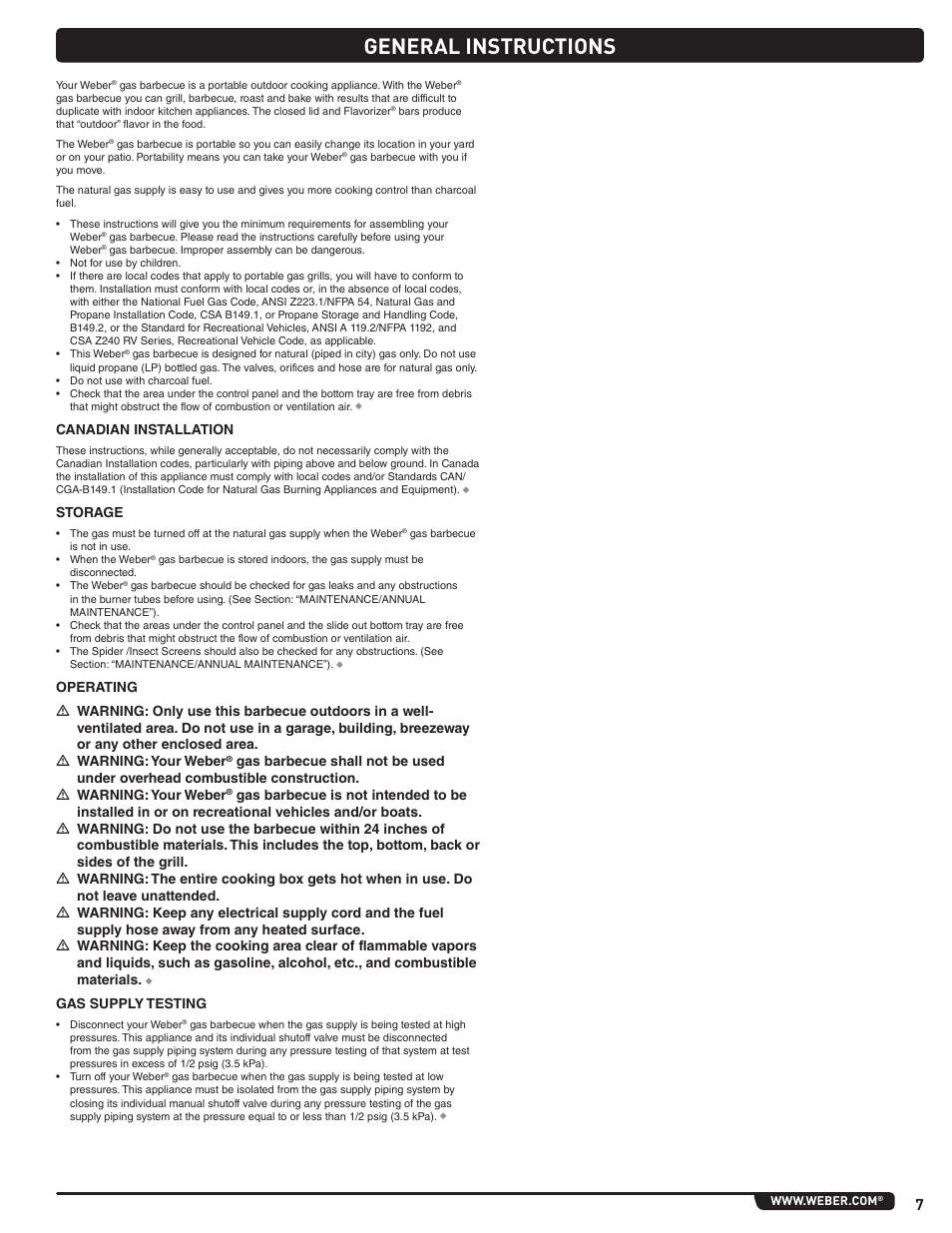 General instructions, Canadian installation, Storage | Gas supply testing | weber Summit E 470 User Manual | Page 7 / 108