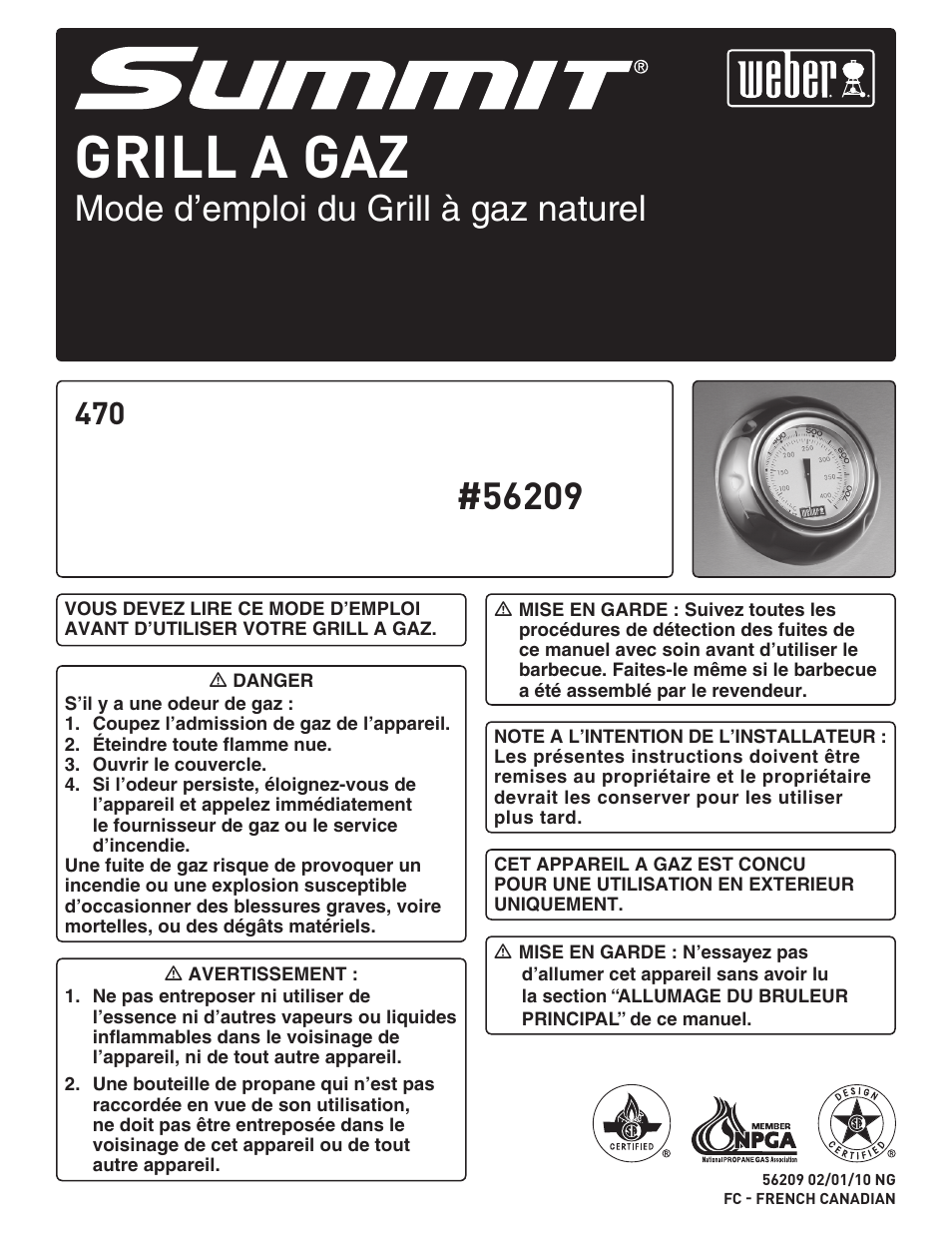 Grill a gaz, Mode d’emploi du grill à gaz naturel | weber Summit E 470 User Manual | Page 73 / 108