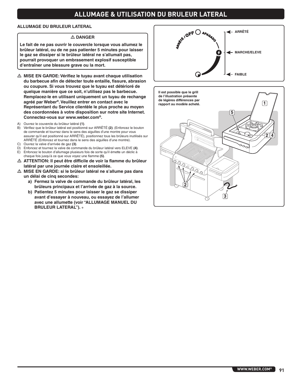 Allumage & utilisation du bruleur lateral | weber Summit E 470 User Manual | Page 91 / 108