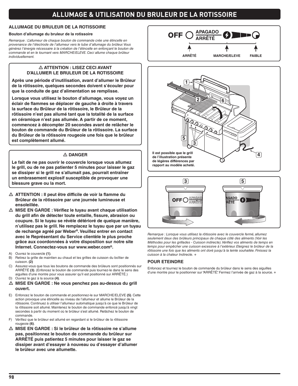 Allumage & utilisation du bruleur de la rotissoire | weber Summit E 470 User Manual | Page 98 / 108