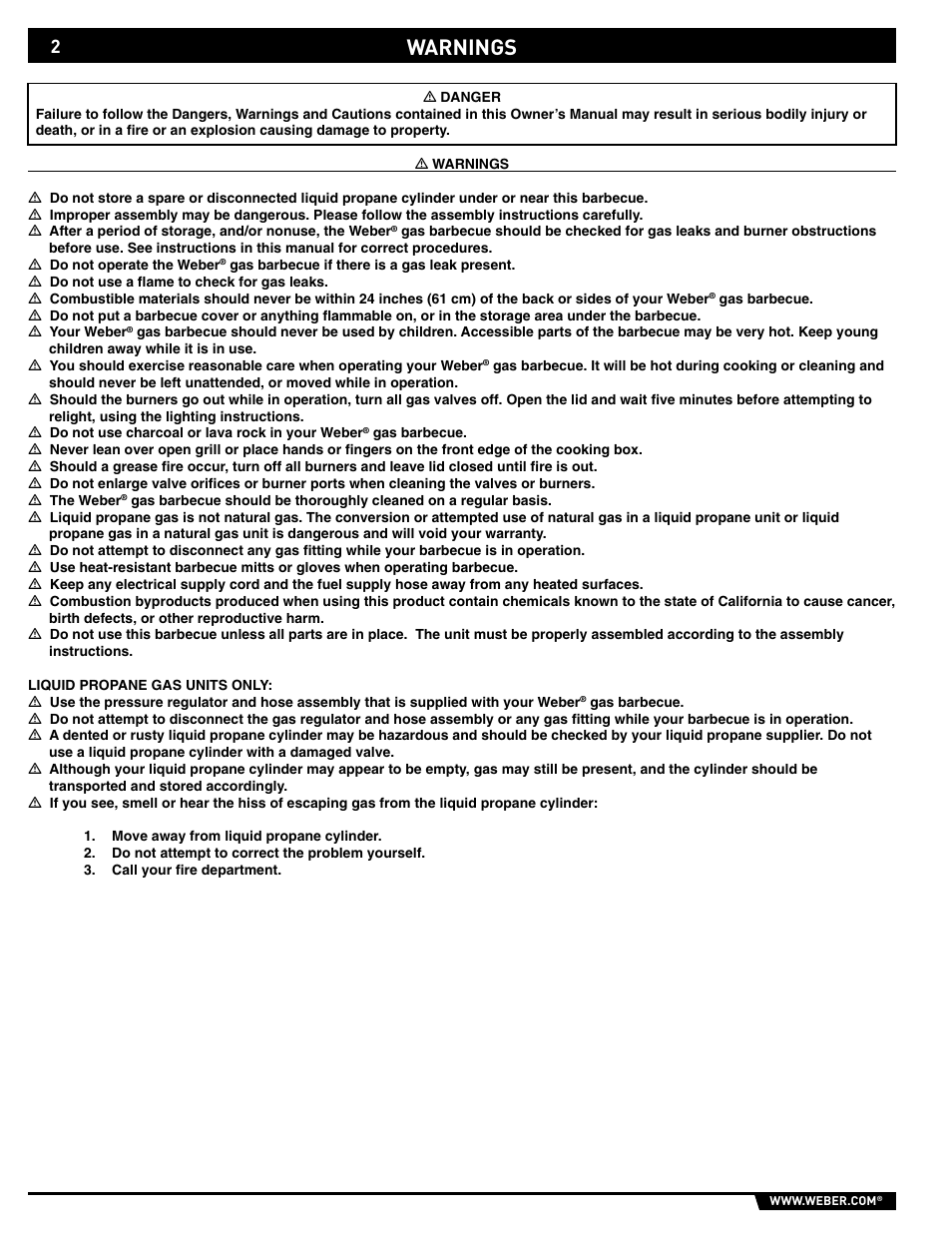 Dangers and warnings, Warnings | weber 89563 User Manual | Page 2 / 84