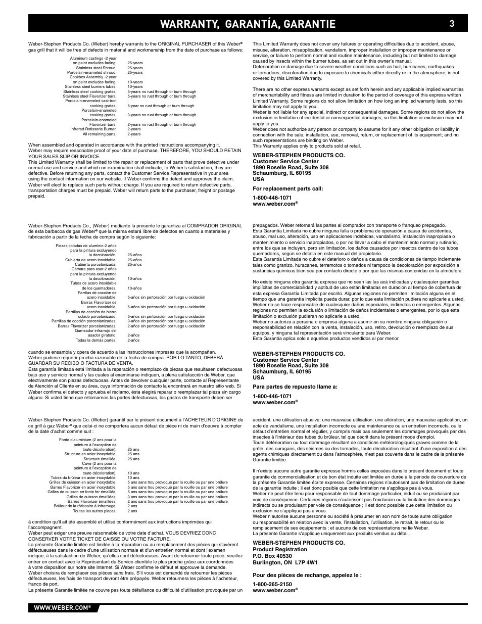 Warranty, Warranty, garantía, garantie | weber 89563 User Manual | Page 3 / 84