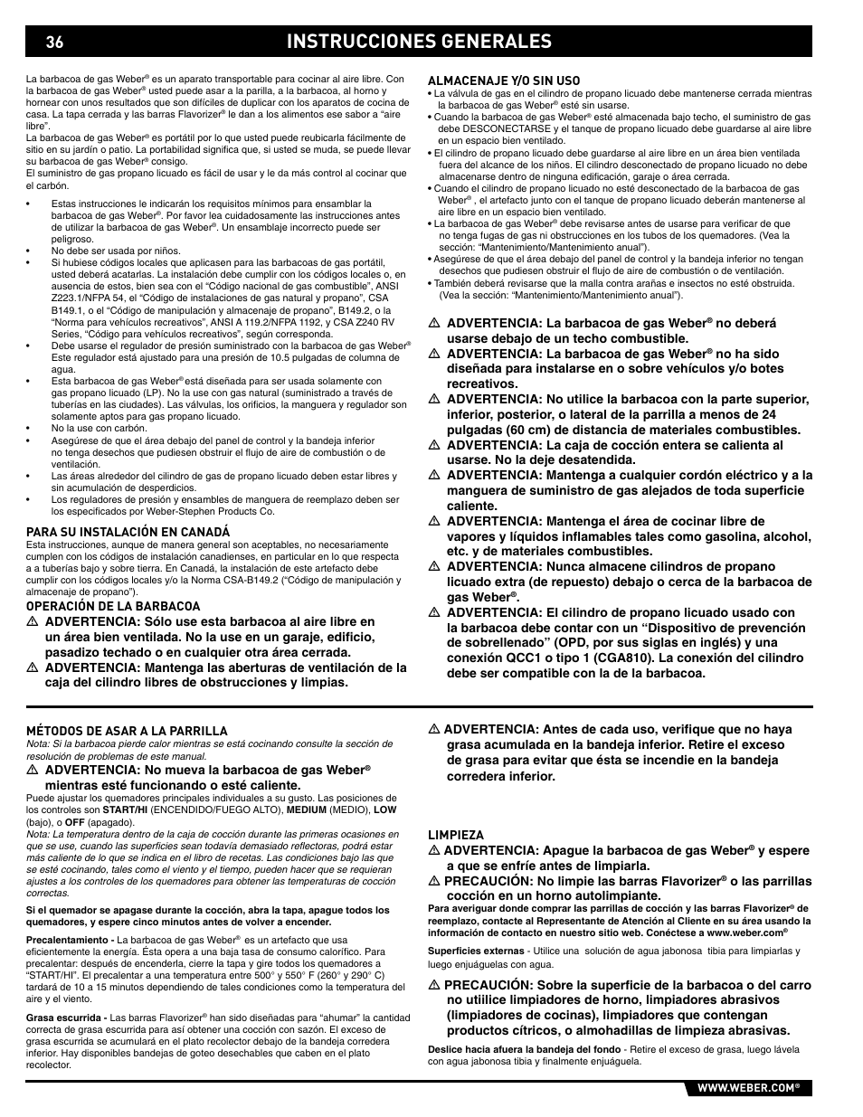 Instrucciones generales | weber 89563 User Manual | Page 36 / 84
