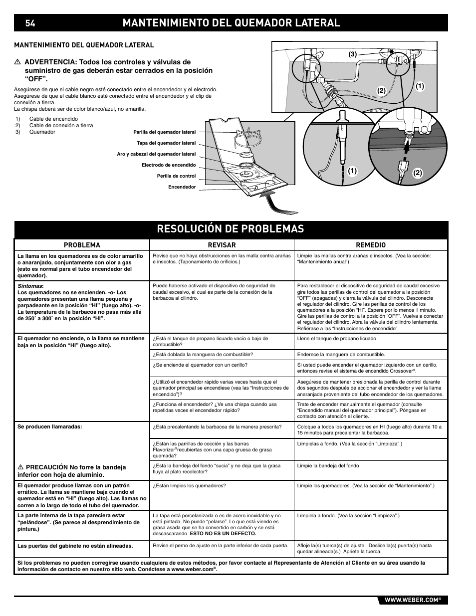 Resolución de problemas, Mantenimiento del quemador lateral | weber 89563 User Manual | Page 54 / 84