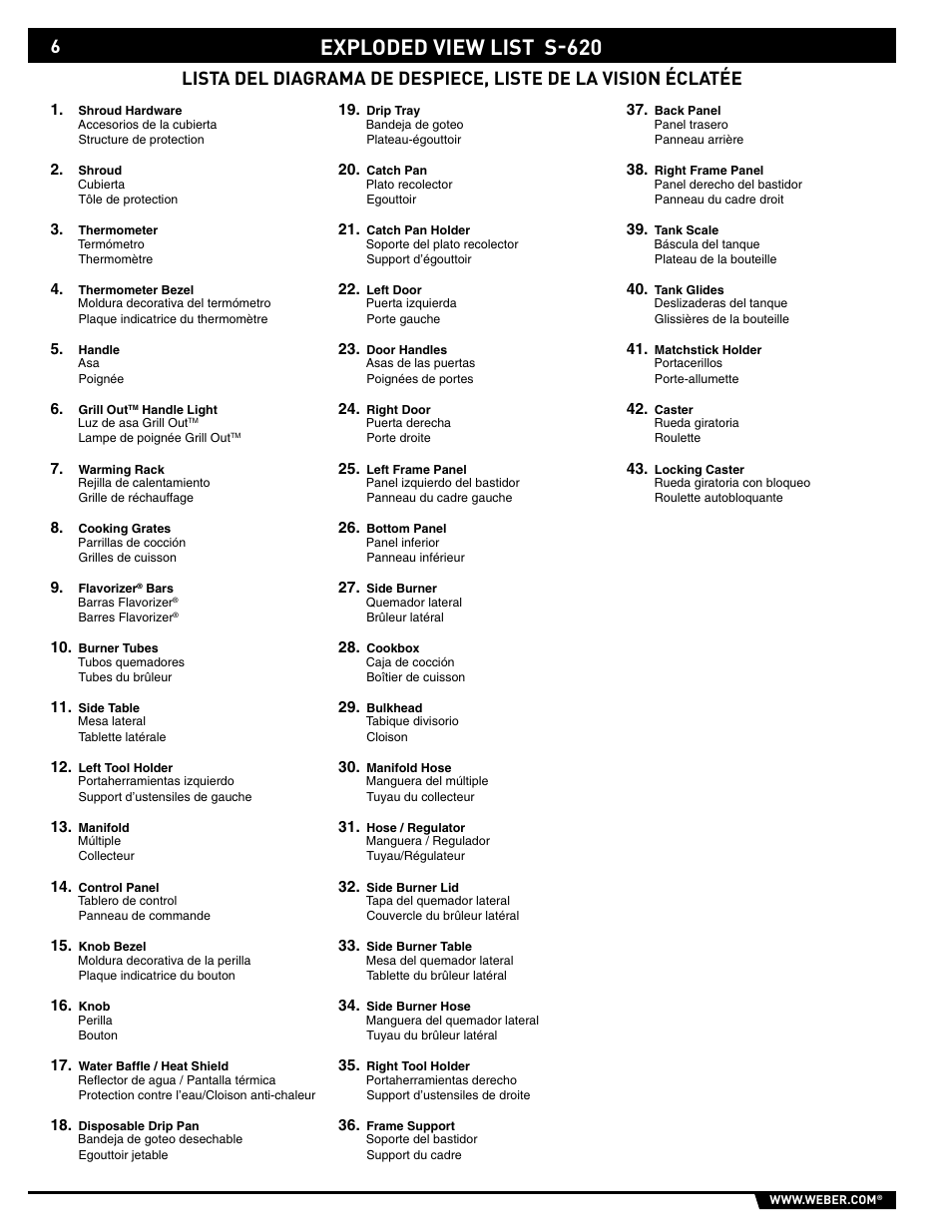 Exploded view list s-620 | weber 89563 User Manual | Page 6 / 84