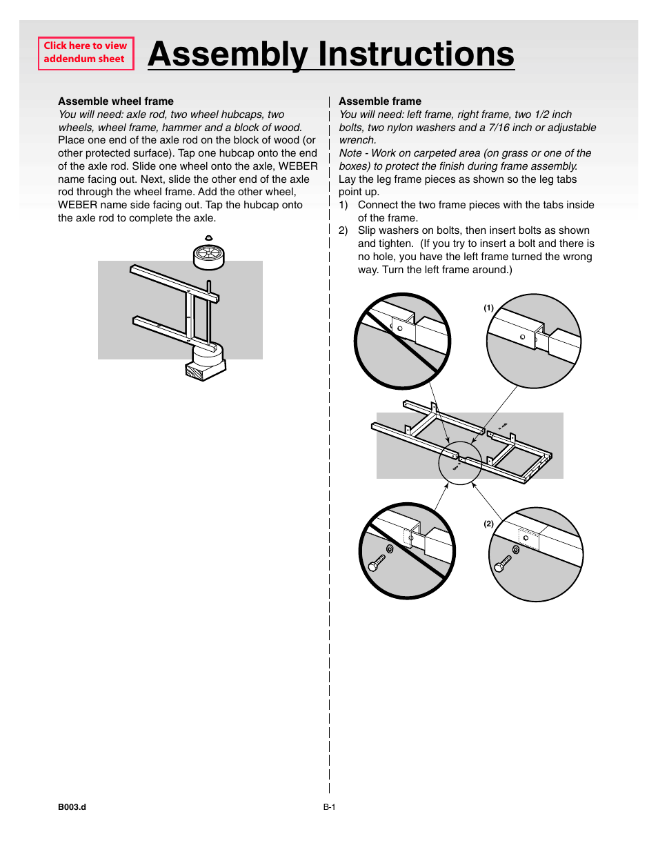 Assembly instructions, Assemble wheel frame, Assemble frame | Click here to view addendum sheet | weber 55143 User Manual | Page 11 / 37