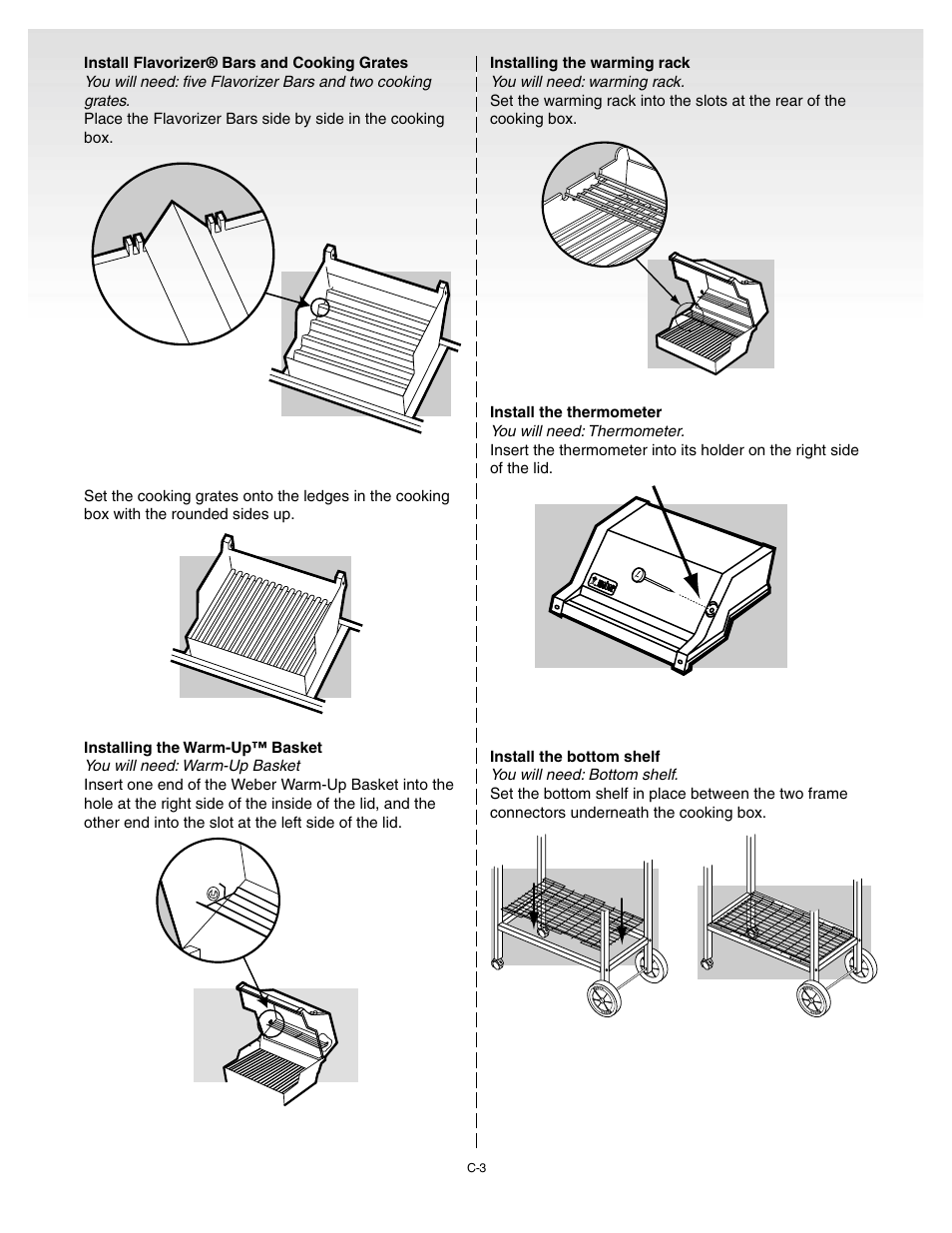 Install flavorizer® bars and cooking grates, Installing the warm-up™ basket, Installing the warming rack | Install the thermometer, Install the bottom shelf | weber 55143 User Manual | Page 23 / 37