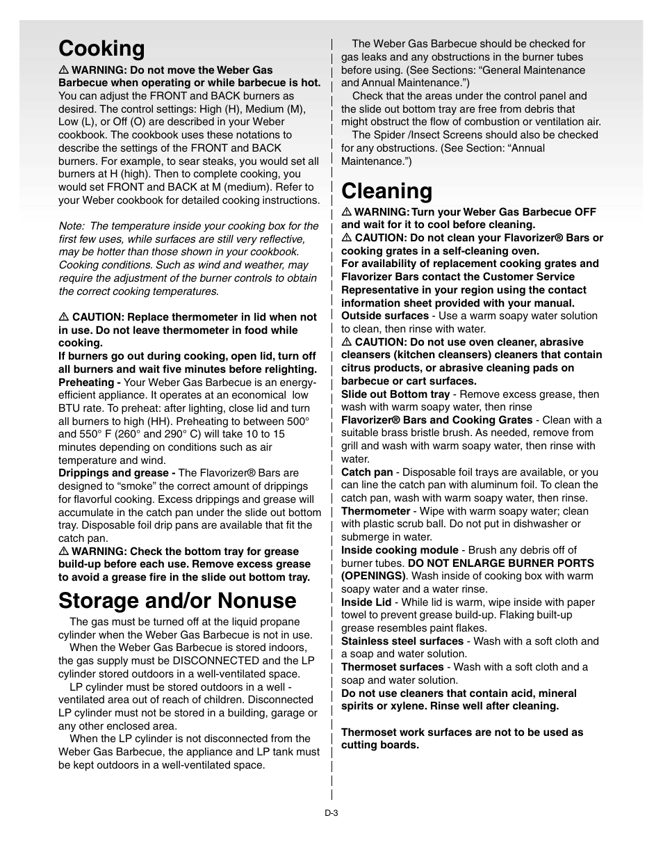 Cooking, Storage and/or nonuse, Cleaning | weber 55143 User Manual | Page 27 / 37