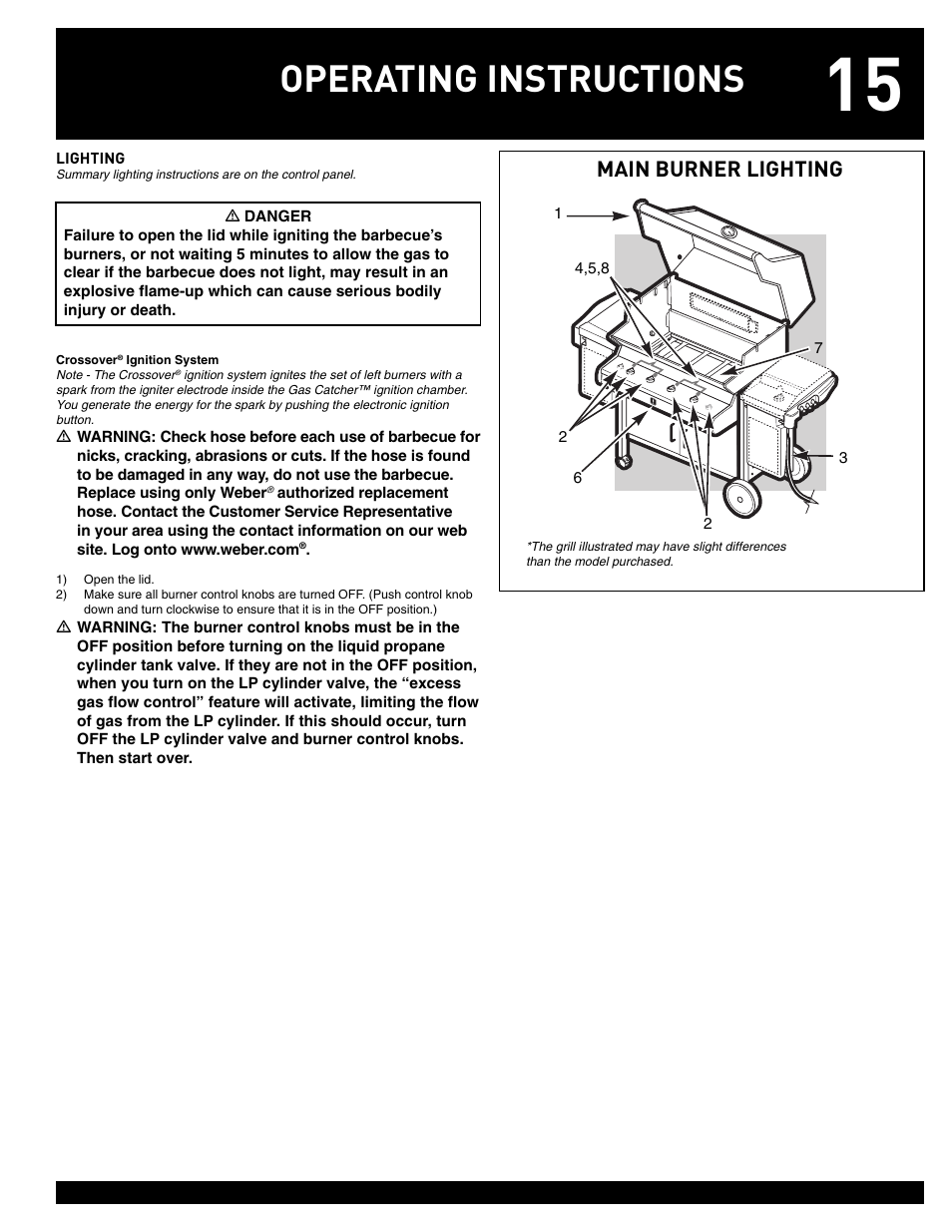 Operating instructions, Main burner lighting | weber 38008 User Manual | Page 15 / 36