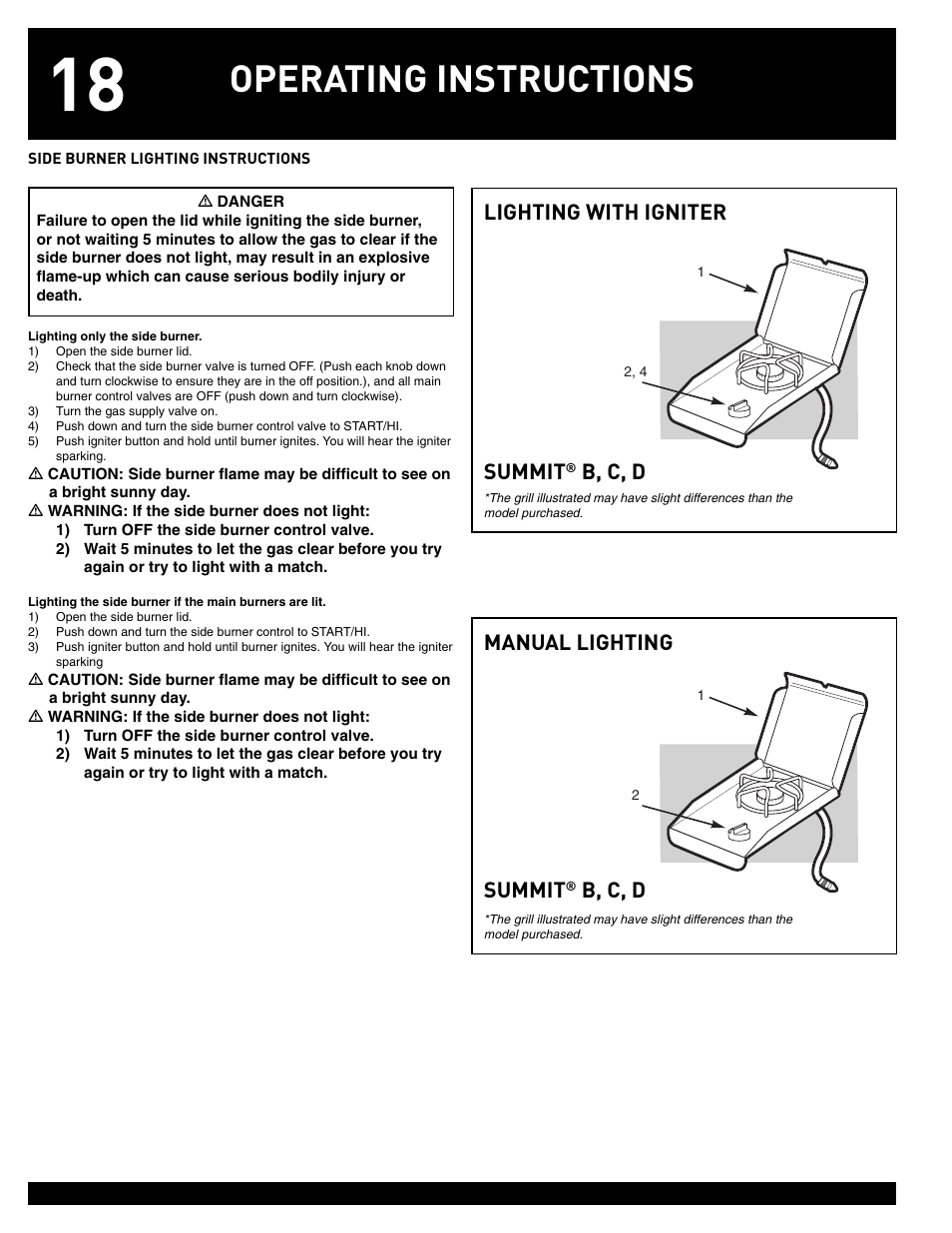 Operating instructions, Lighting with igniter manual lighting summit, B, c, d summit | B, c, d | weber 38008 User Manual | Page 18 / 36