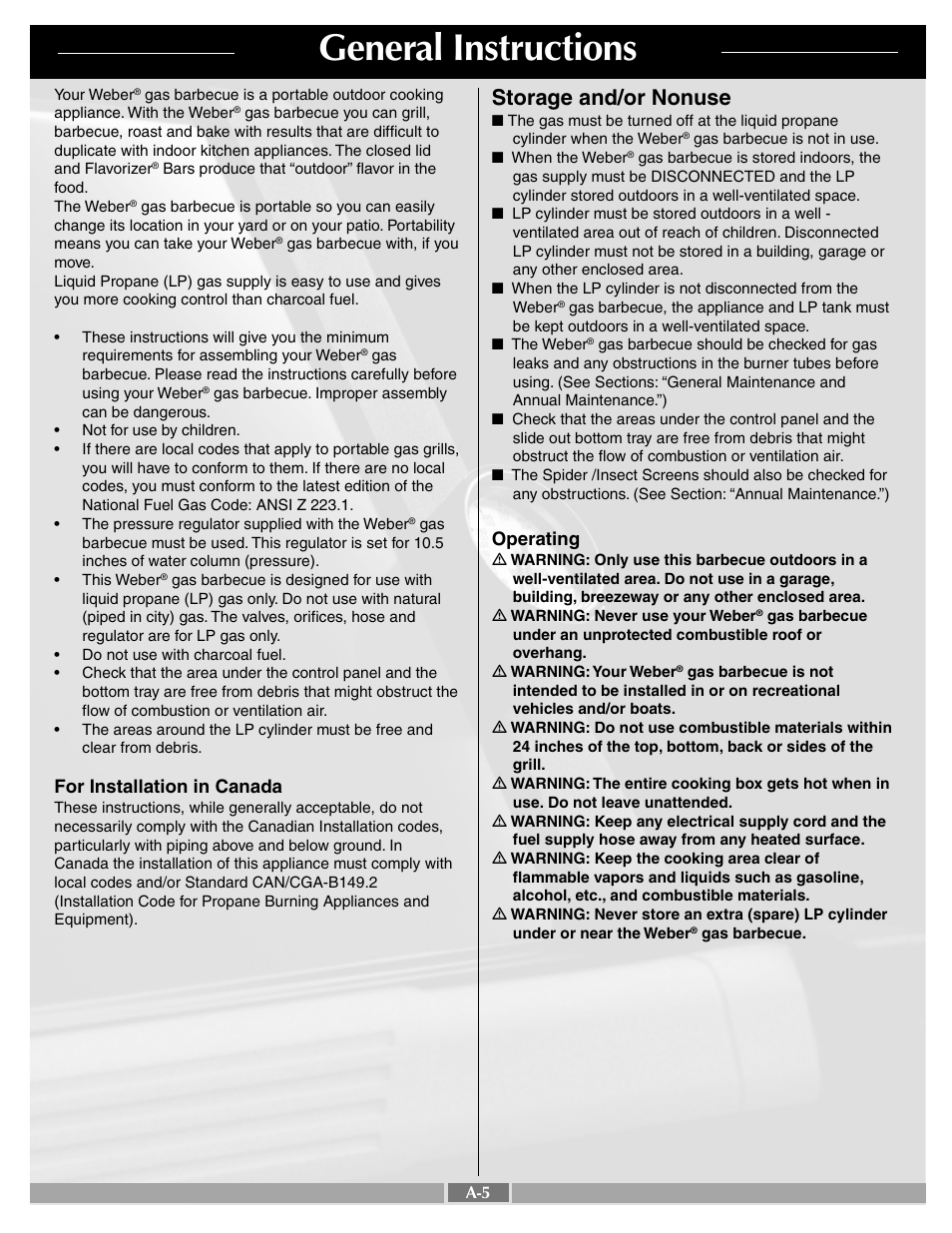 General instructions, Storage and/or nonuse, For installation in canada | Operating | weber C201_LP.c User Manual | Page 5 / 30