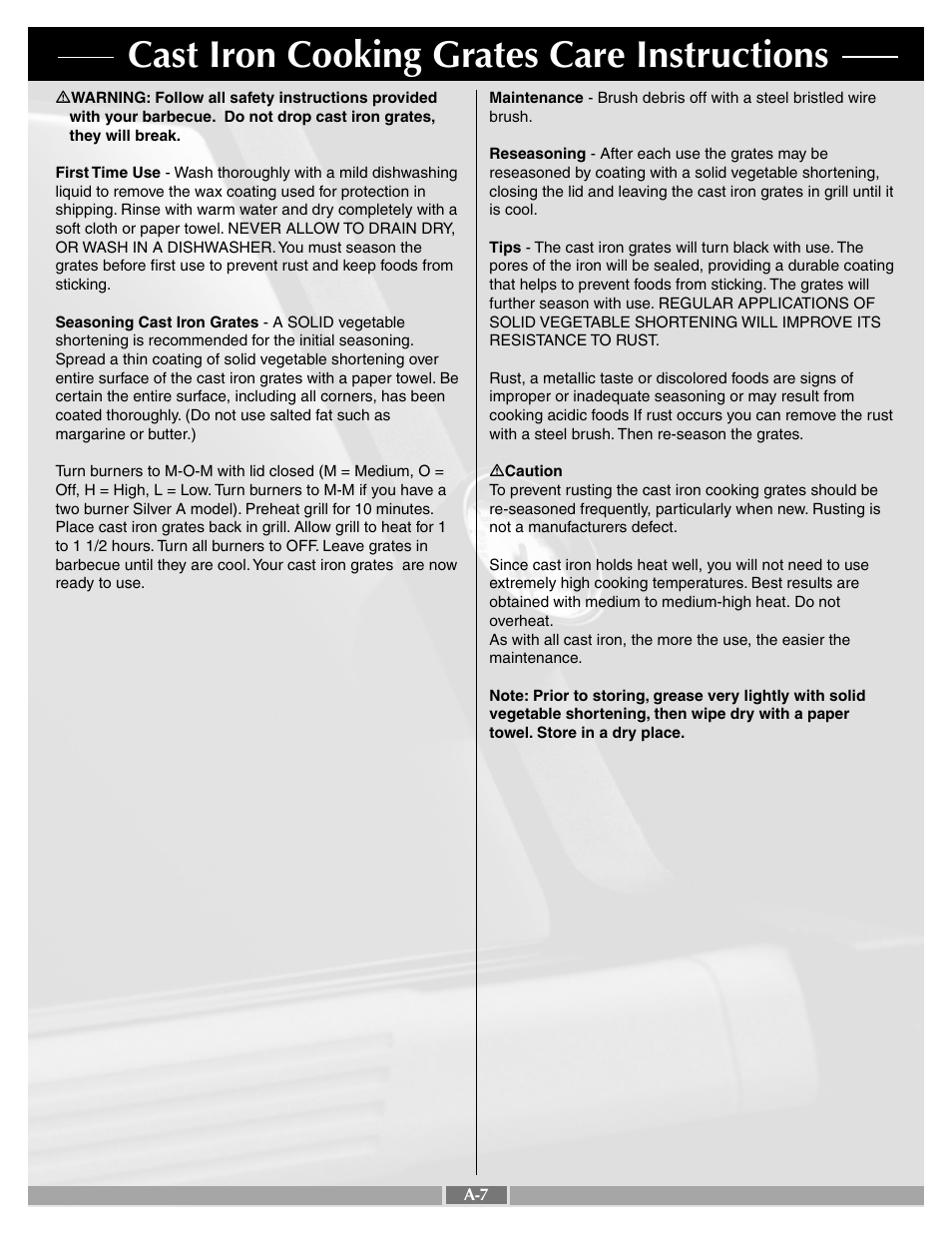 Cast iron cooking grates care instructions | weber C201_LP.c User Manual | Page 7 / 30