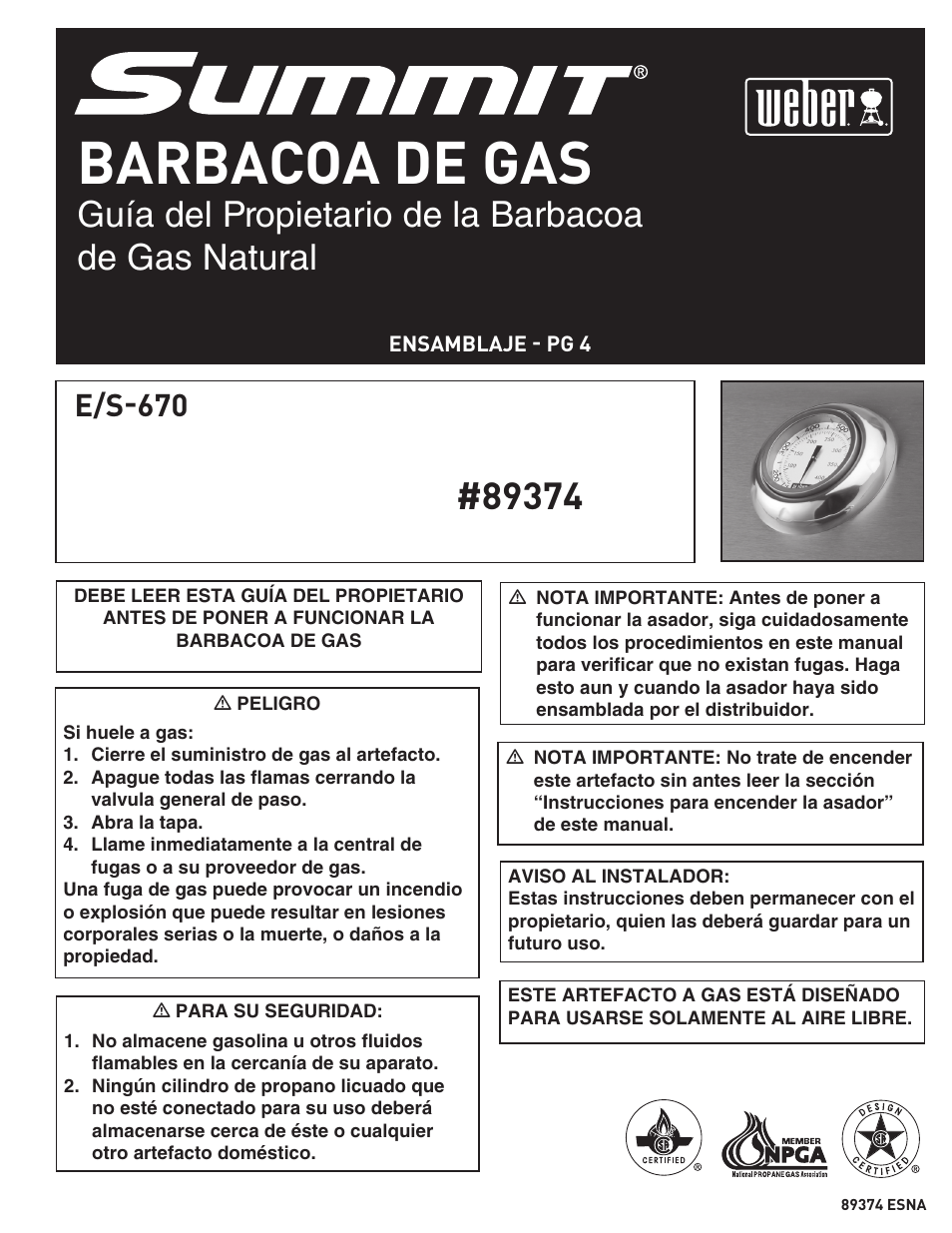 Barbacoa de gas, Guía del propietario de la barbacoa de gas natural, E/s-670 | weber 89374 User Manual | Page 35 / 88