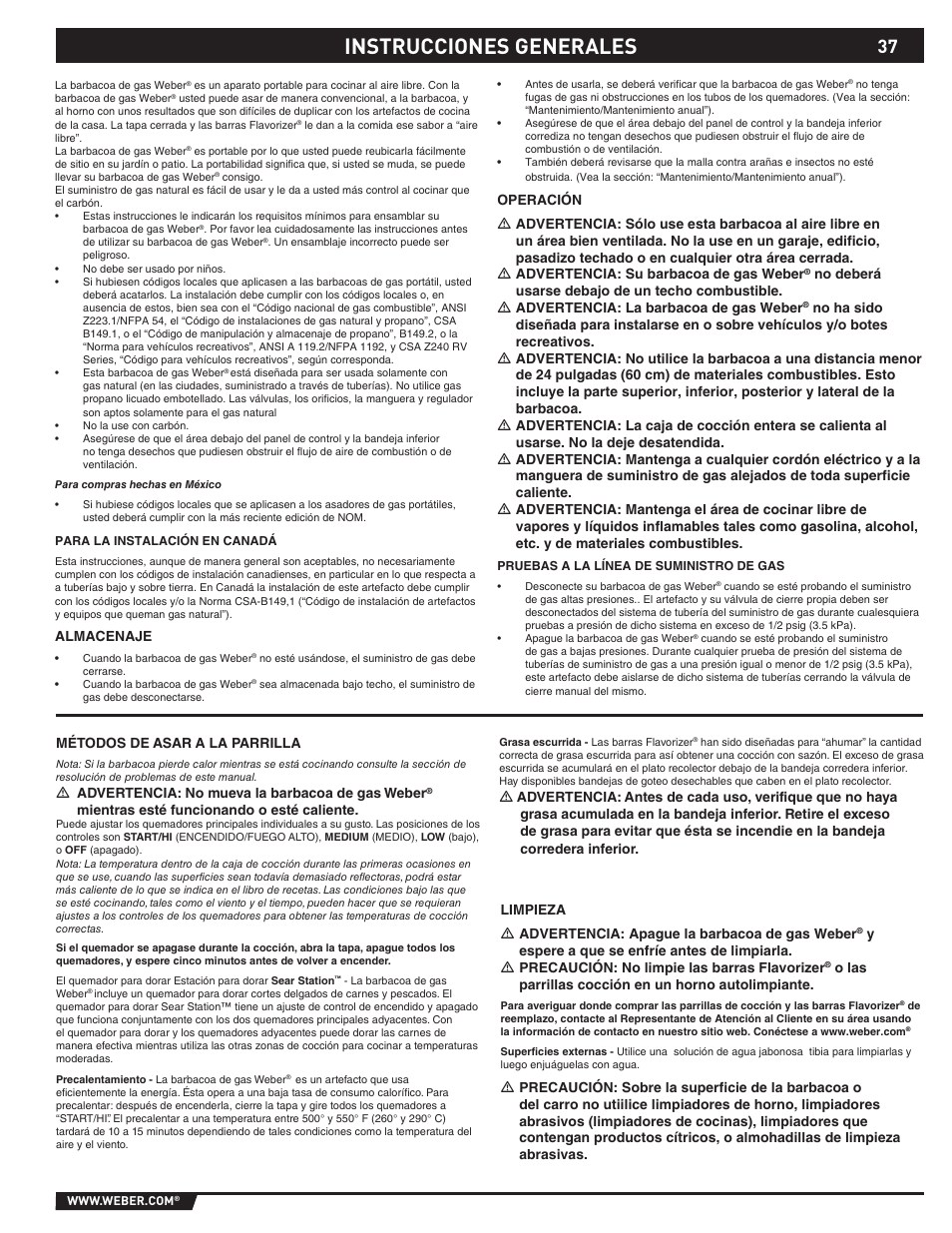 Instrucciones generales | weber 89374 User Manual | Page 37 / 88