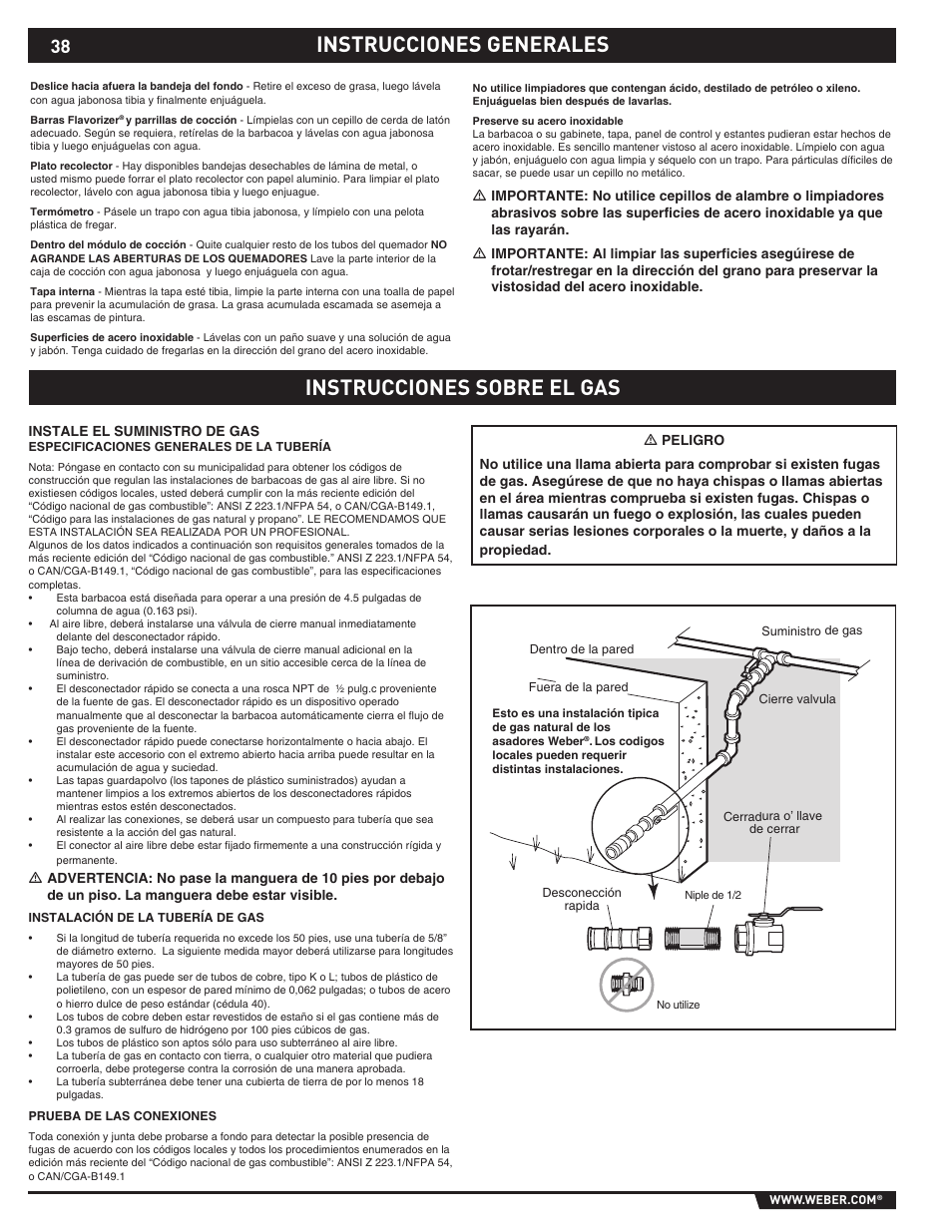 Instrucciones generales instrucciones sobre el gas | weber 89374 User Manual | Page 38 / 88