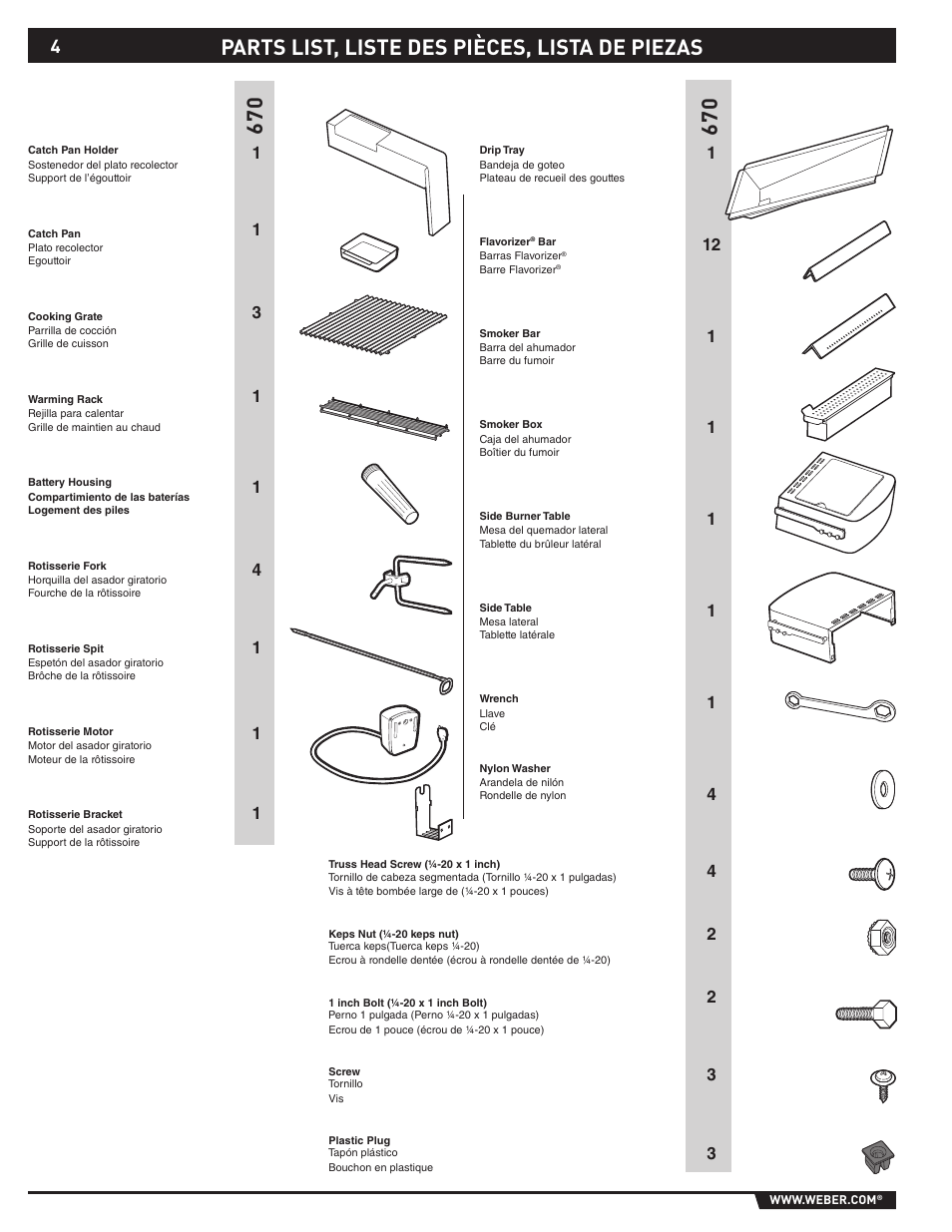 Parts list, liste des pièces, lista de piezas | weber 89374 User Manual | Page 4 / 88