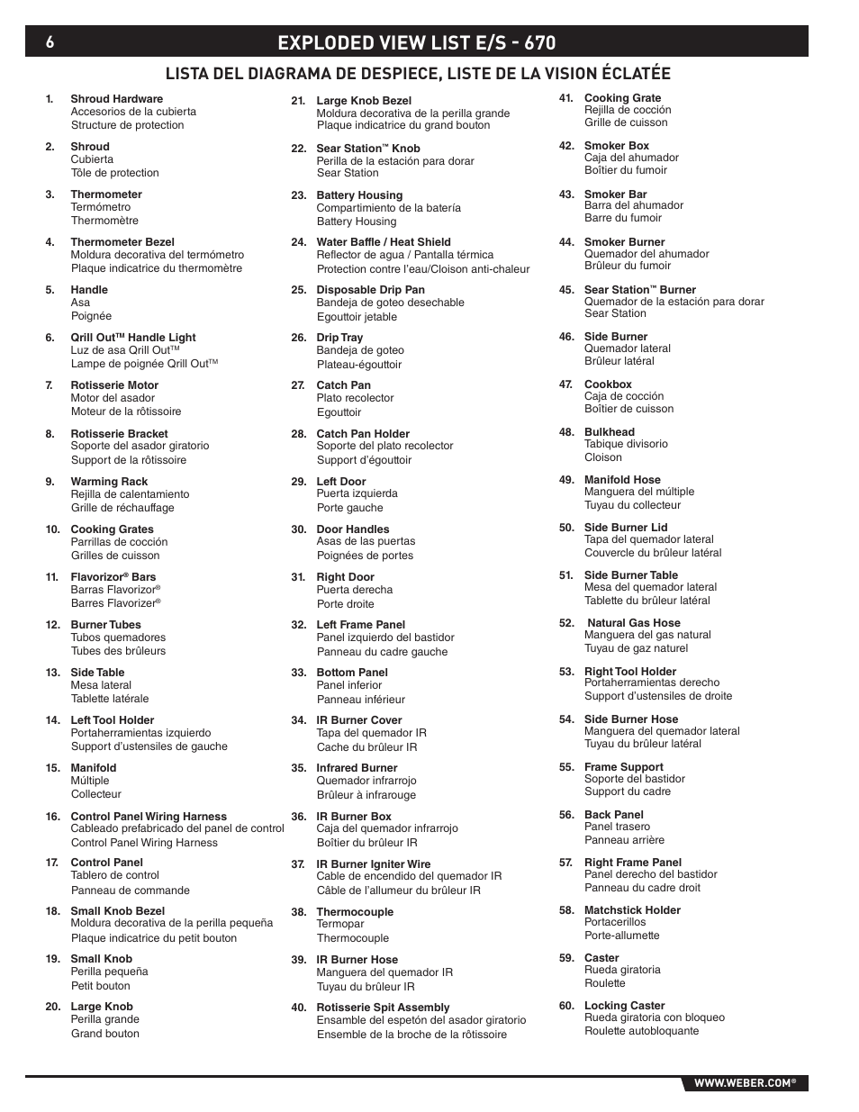 Exploded view list e/s - 670 | weber 89374 User Manual | Page 6 / 88