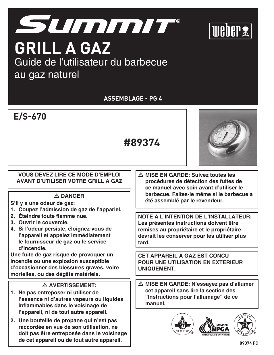Grill a gaz, Guide de l’utilisateur du barbecue au gaz naturel, E/s-670 | weber 89374 User Manual | Page 60 / 88