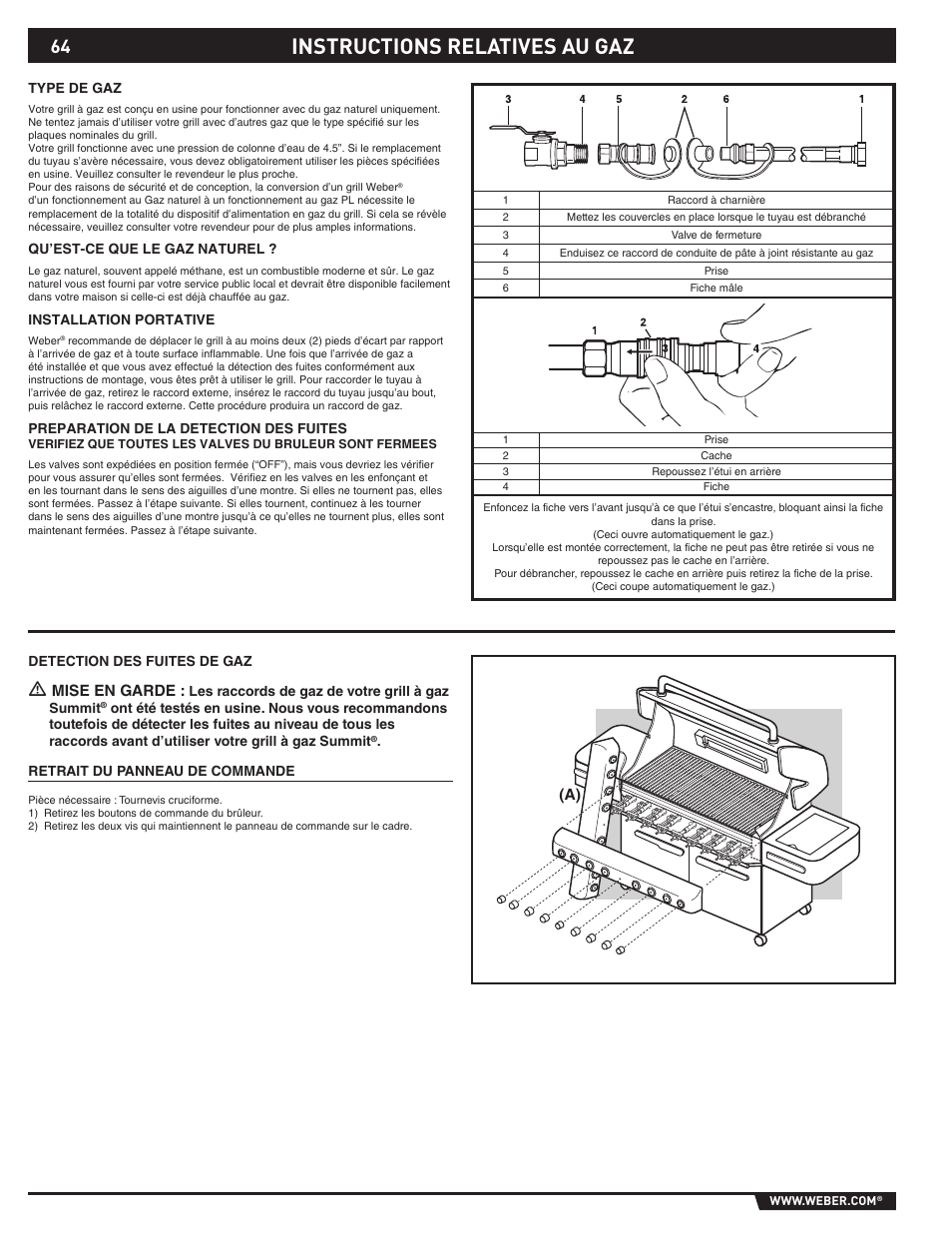 Instructions relatives au gaz, Mise en garde | weber 89374 User Manual | Page 64 / 88