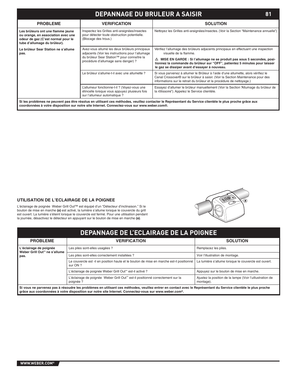 Depannage de l’eclairage de la poignee, Depannage du bruleur a saisir | weber 89374 User Manual | Page 81 / 88