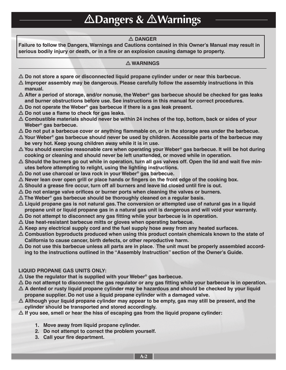 Ƽ dangers & ƽ warnings | weber 55570 User Manual | Page 2 / 31