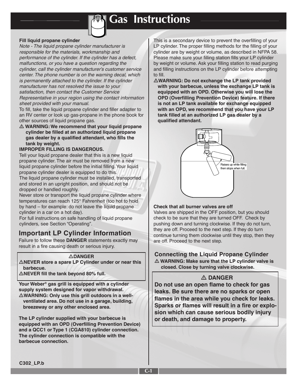 Gas instructions, Important lp cylinder information | weber 55570 User Manual | Page 20 / 31