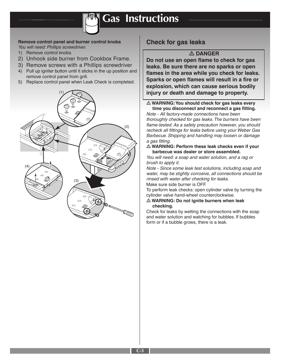 Gas instructions, Check for gas leaks | weber 55570 User Manual | Page 22 / 31