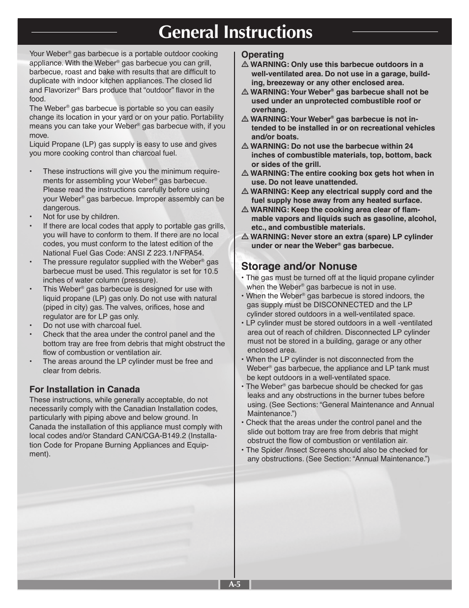 General instructions, Storage and/or nonuse, For installation in canada | Operating | weber 55570 User Manual | Page 5 / 31