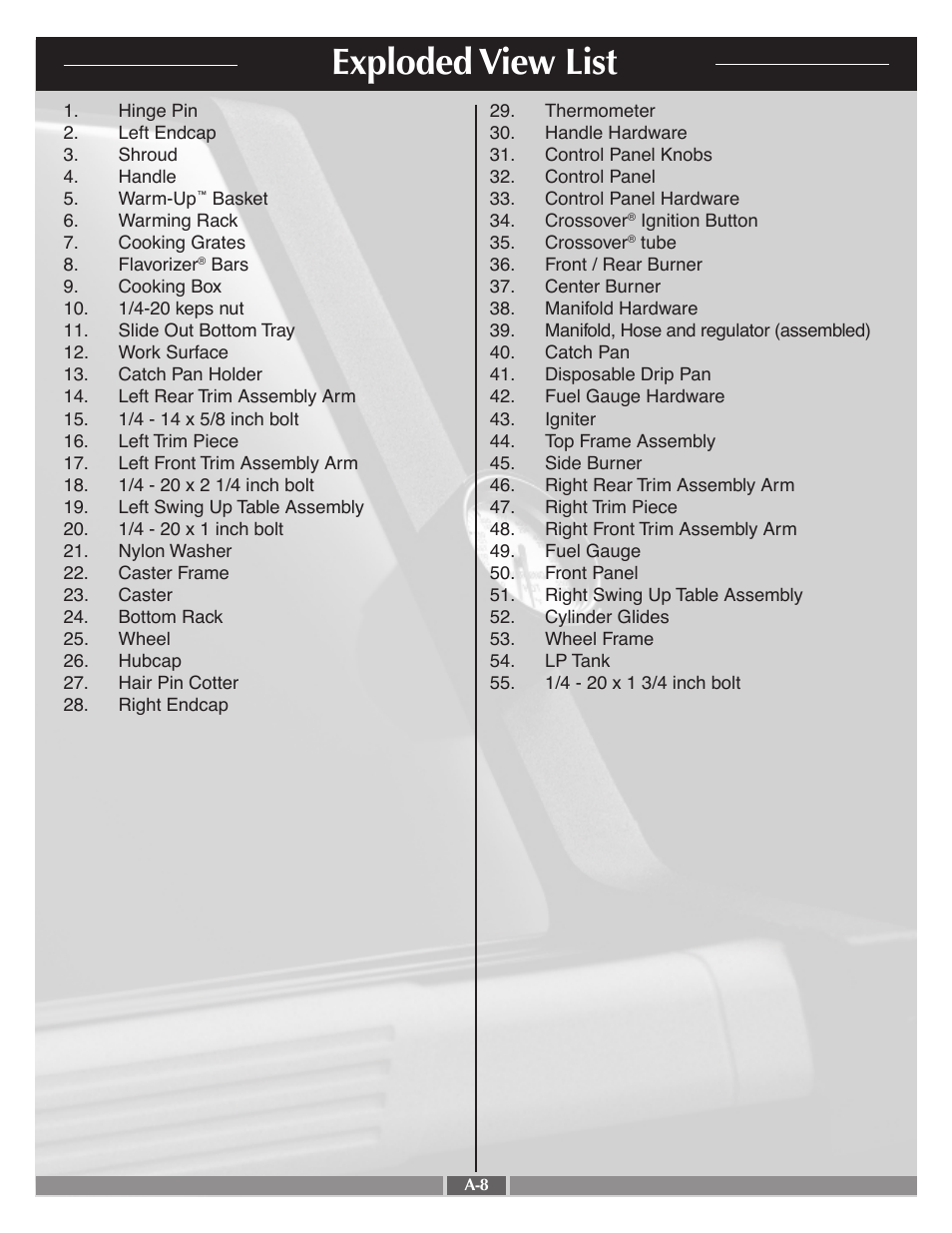 Exploded view list | weber 55570 User Manual | Page 8 / 31