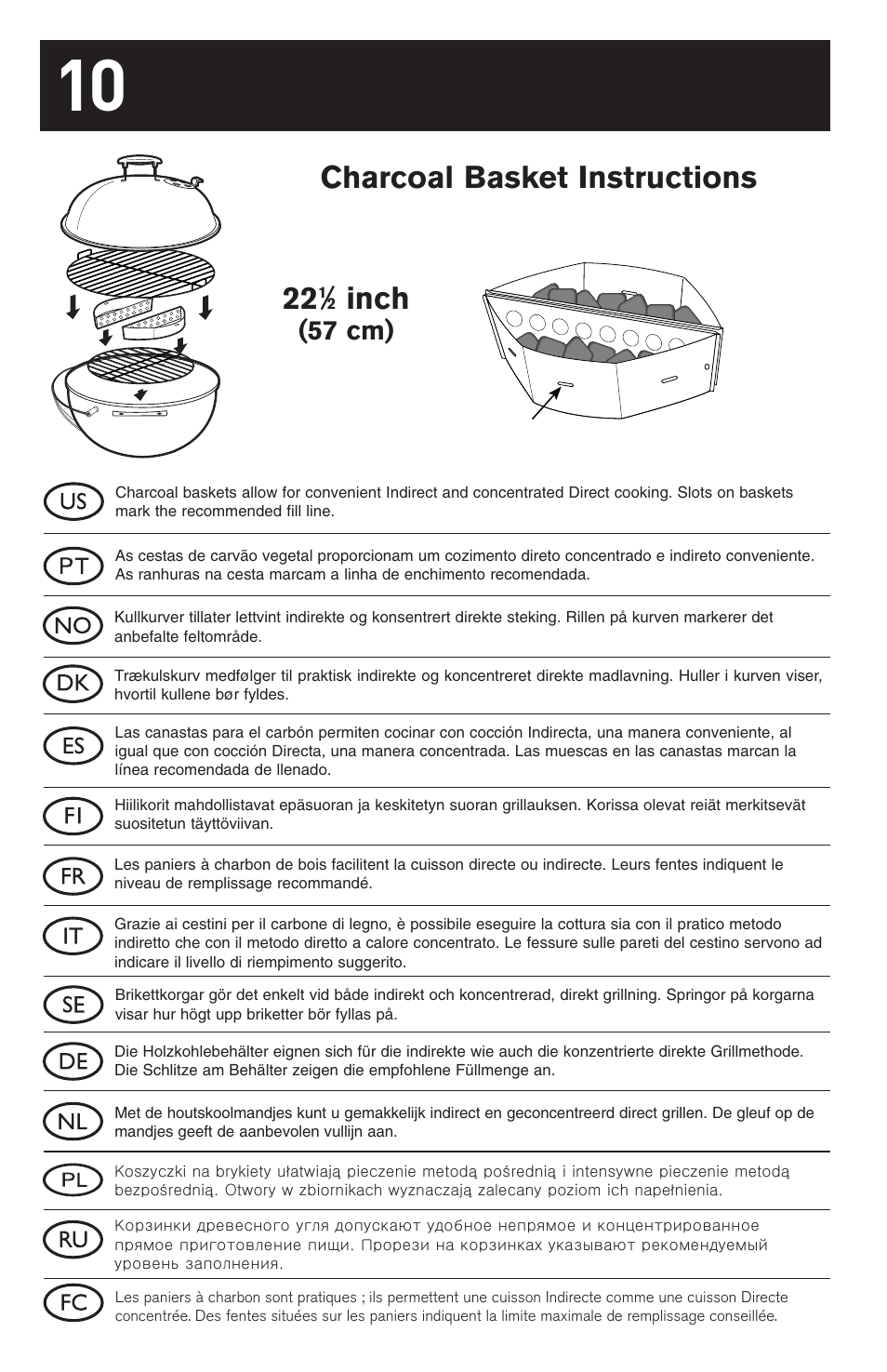 Charcoal basket instructions 22, Inch, 57 cm) | weber 18 1/2-inch One-Touch Platinum 30793 User Manual | Page 10 / 20