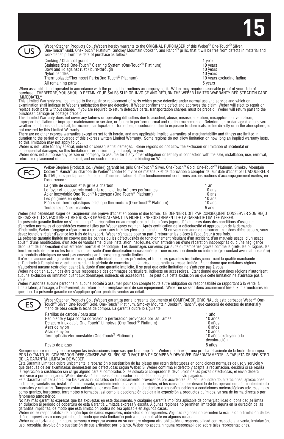 weber 18 1/2-inch One-Touch Platinum 30793 User Manual | Page 15 / 20