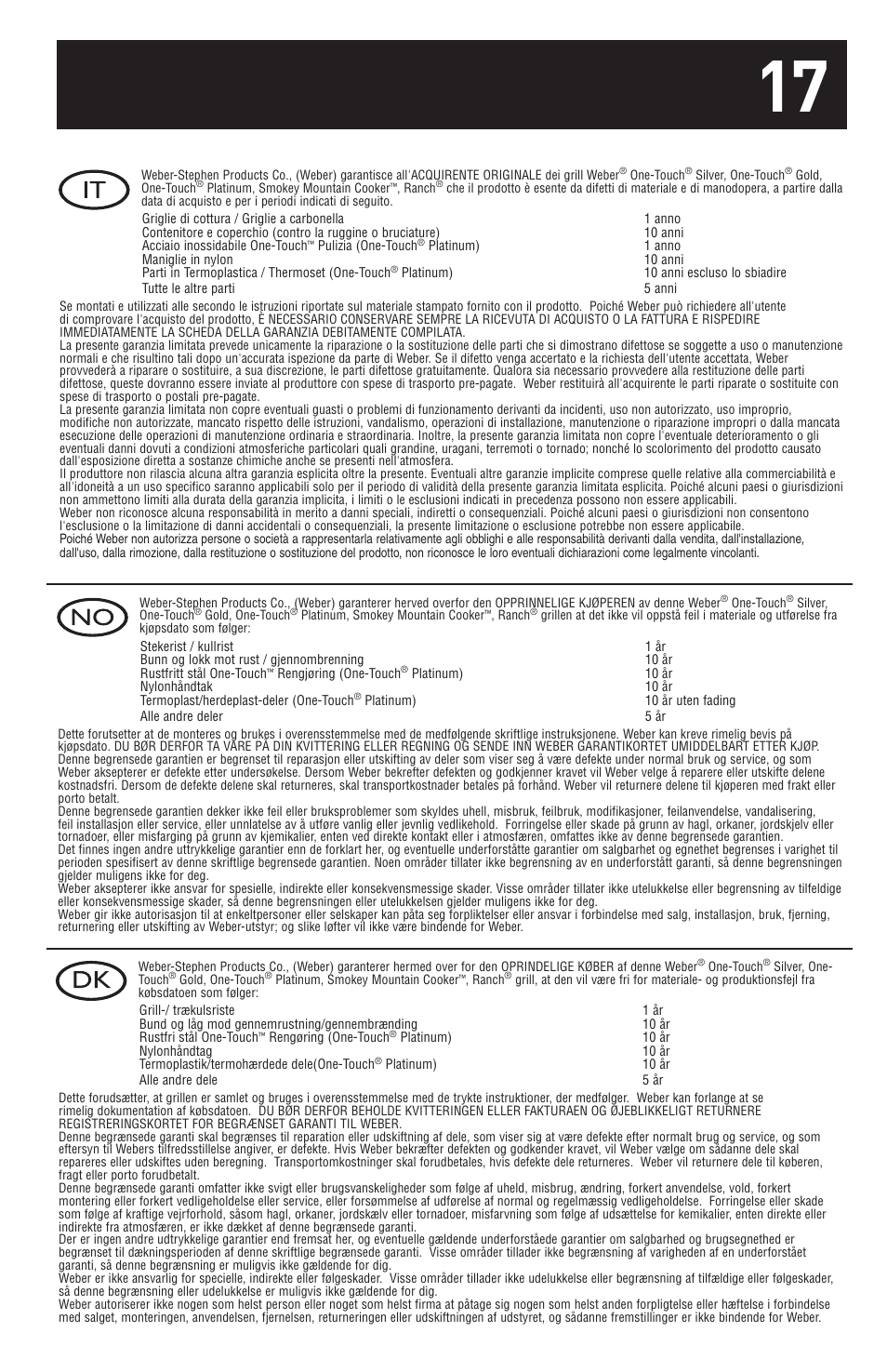 weber 18 1/2-inch One-Touch Platinum 30793 User Manual | Page 17 / 20