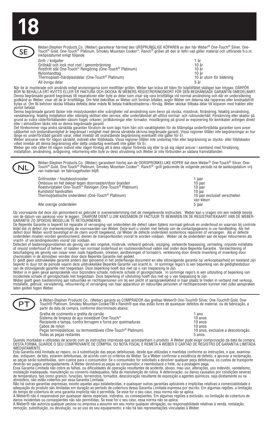 weber 18 1/2-inch One-Touch Platinum 30793 User Manual | Page 18 / 20