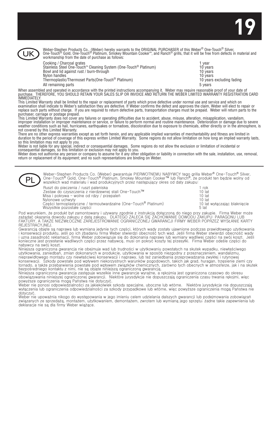 weber 18 1/2-inch One-Touch Platinum 30793 User Manual | Page 19 / 20