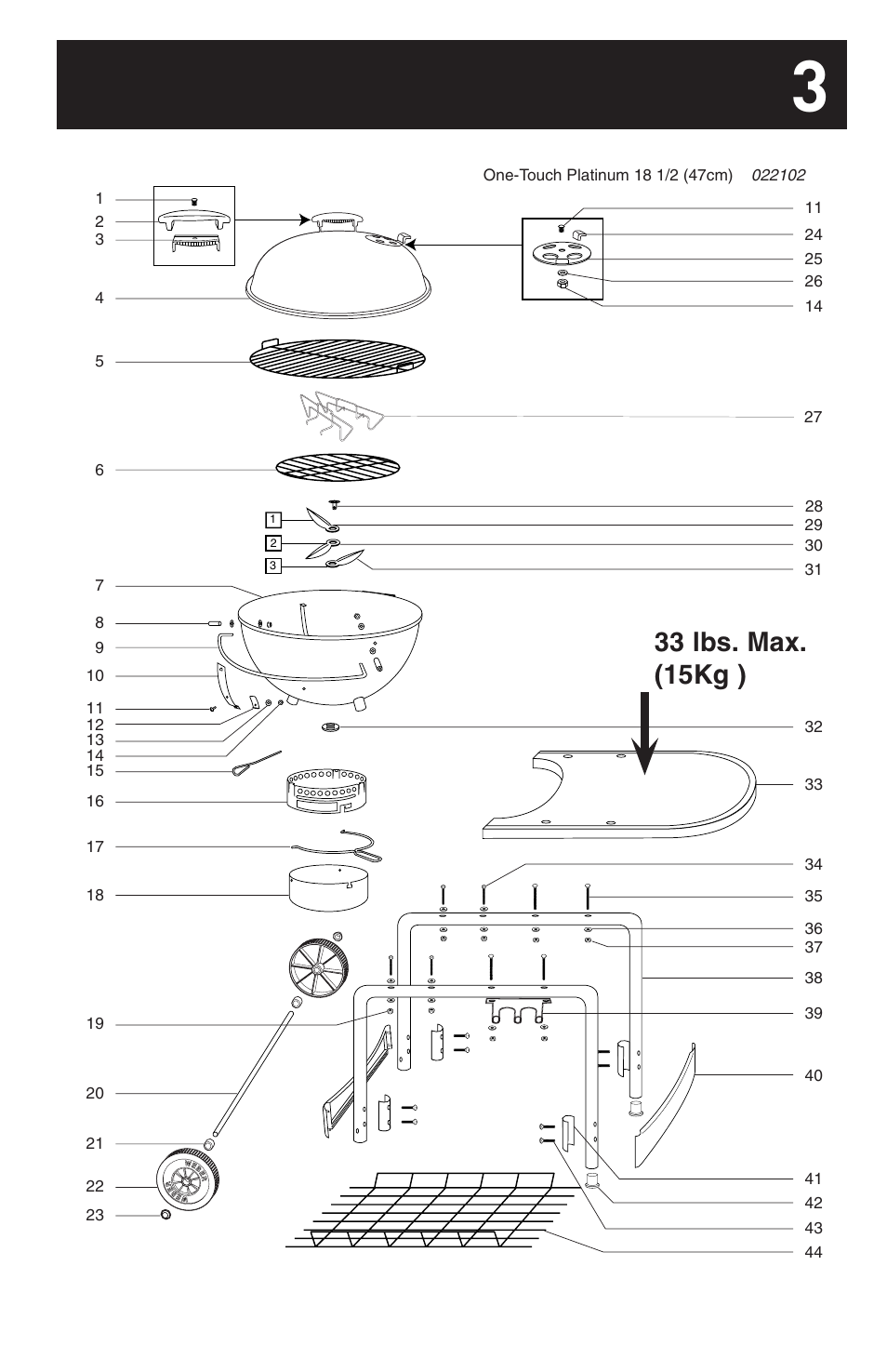 33 lbs. max. (15kg ) | weber 18 1/2-inch One-Touch Platinum 30793 User Manual | Page 3 / 20
