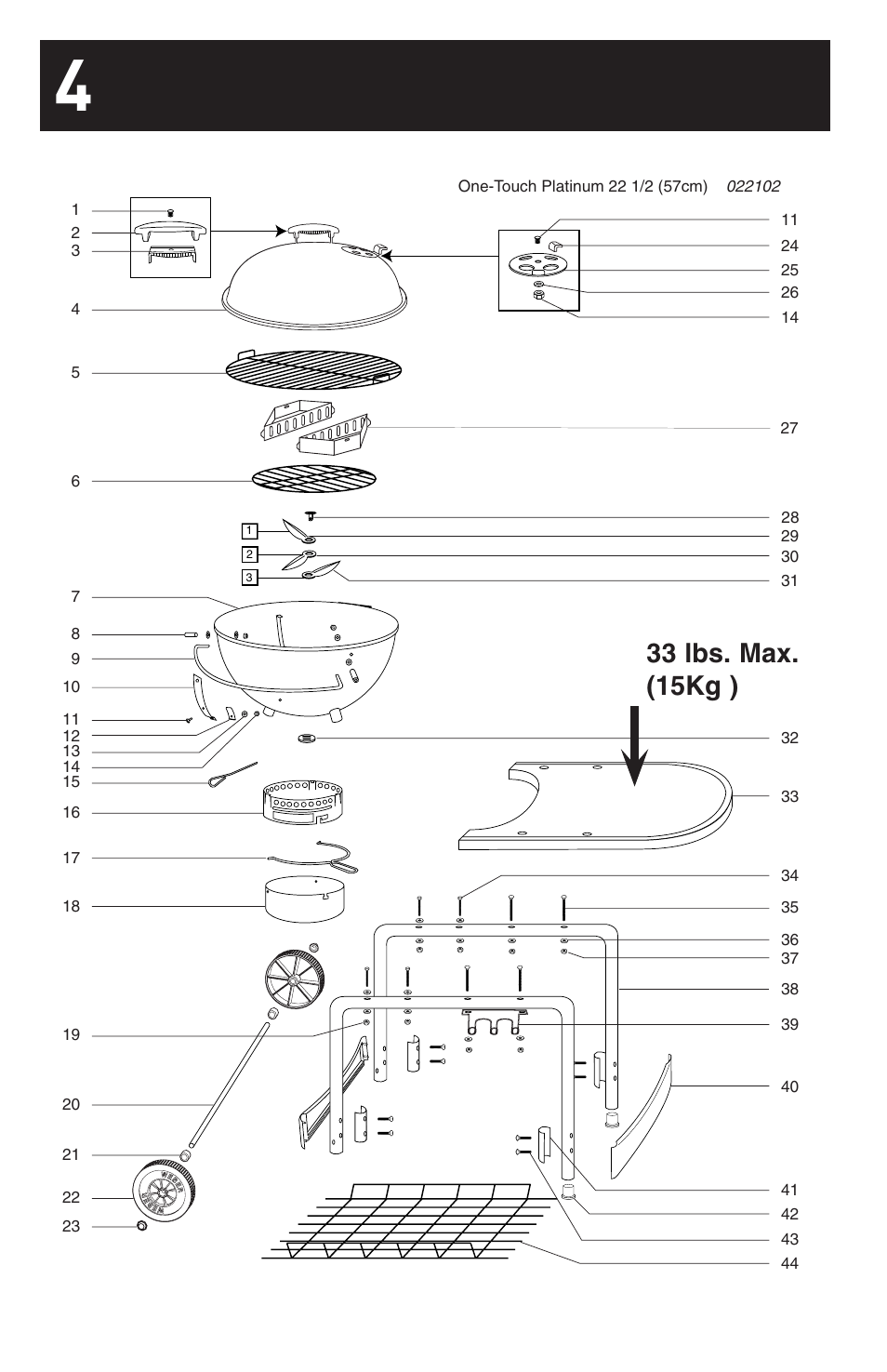 33 lbs. max. (15kg ) | weber 18 1/2-inch One-Touch Platinum 30793 User Manual | Page 4 / 20