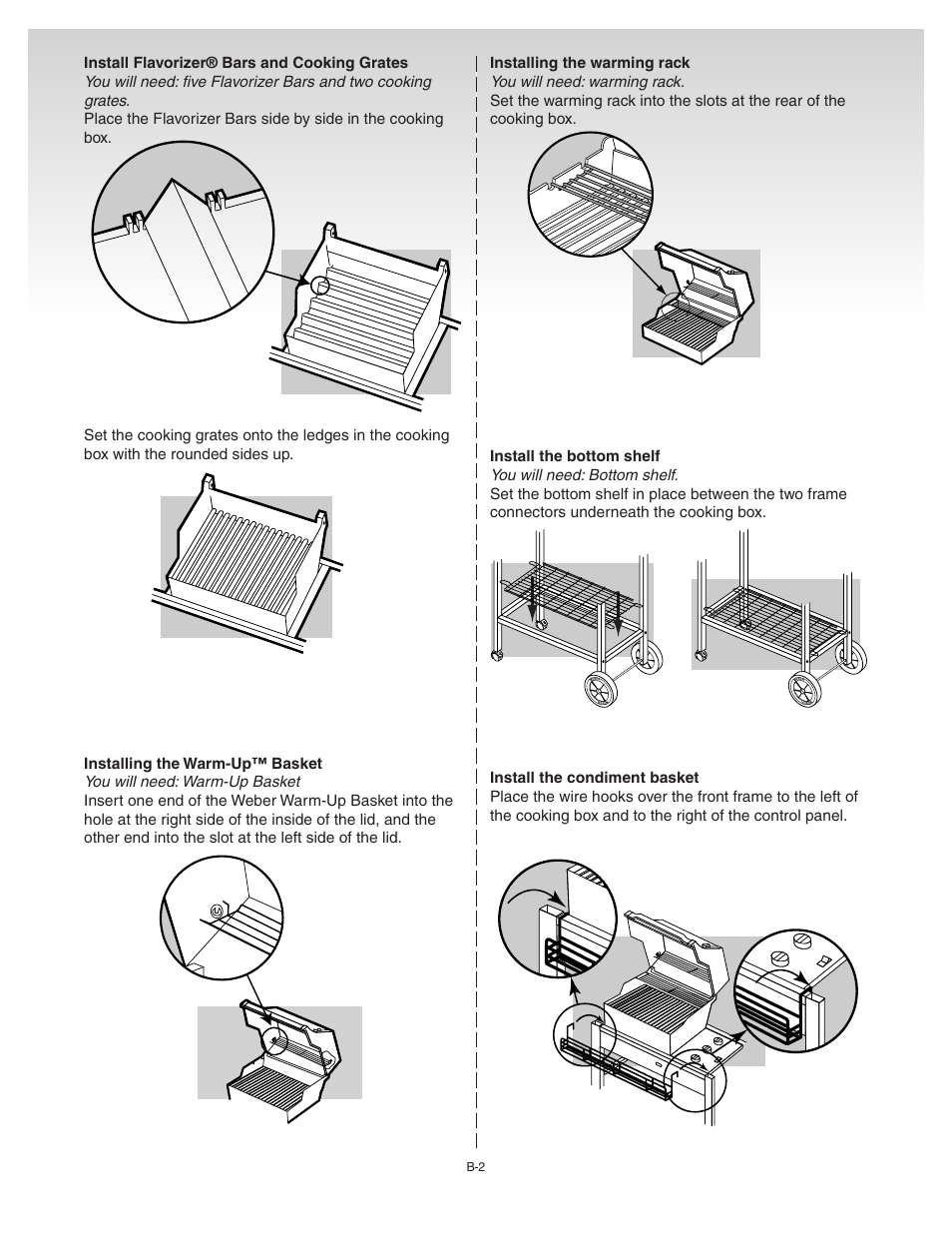 Install flavorizer® bars and cooking grates, Installing the warm-up™ basket, Installing the warming rack | Install the bottom shelf, Install the condiment basket | weber 55024 User Manual | Page 12 / 26