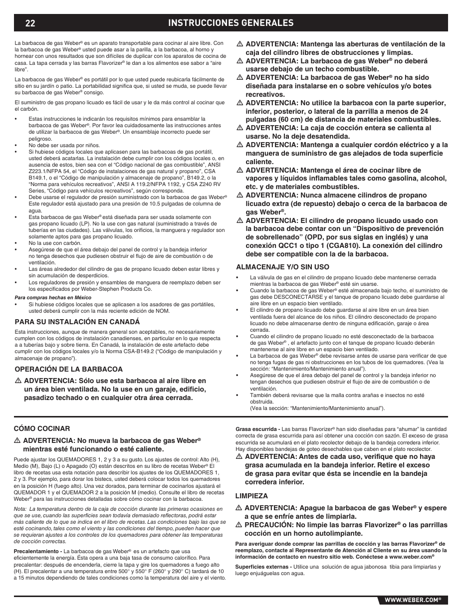 General instructions, Instrucciones generales | weber E/S-310 User Manual | Page 22 / 56