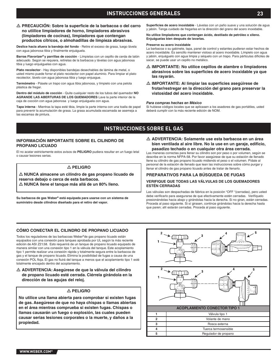 General instructions, Instrucciones generales, Instrucciones sobre el gas | weber E/S-310 User Manual | Page 23 / 56
