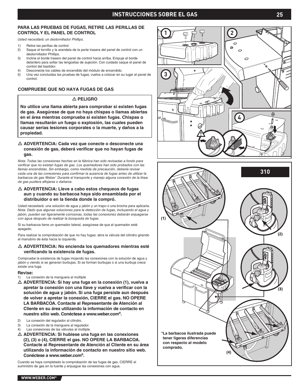 Gas instructions, Instrucciones sobre el gas 1 2 3 4 | weber E/S-310 User Manual | Page 25 / 56