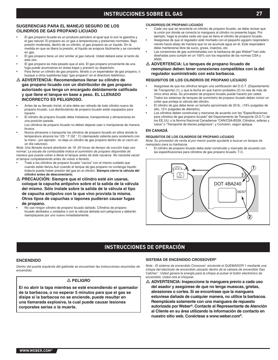 Gas instructions, Instrucciones sobre el gas, Instrucciones de operación | weber E/S-310 User Manual | Page 27 / 56