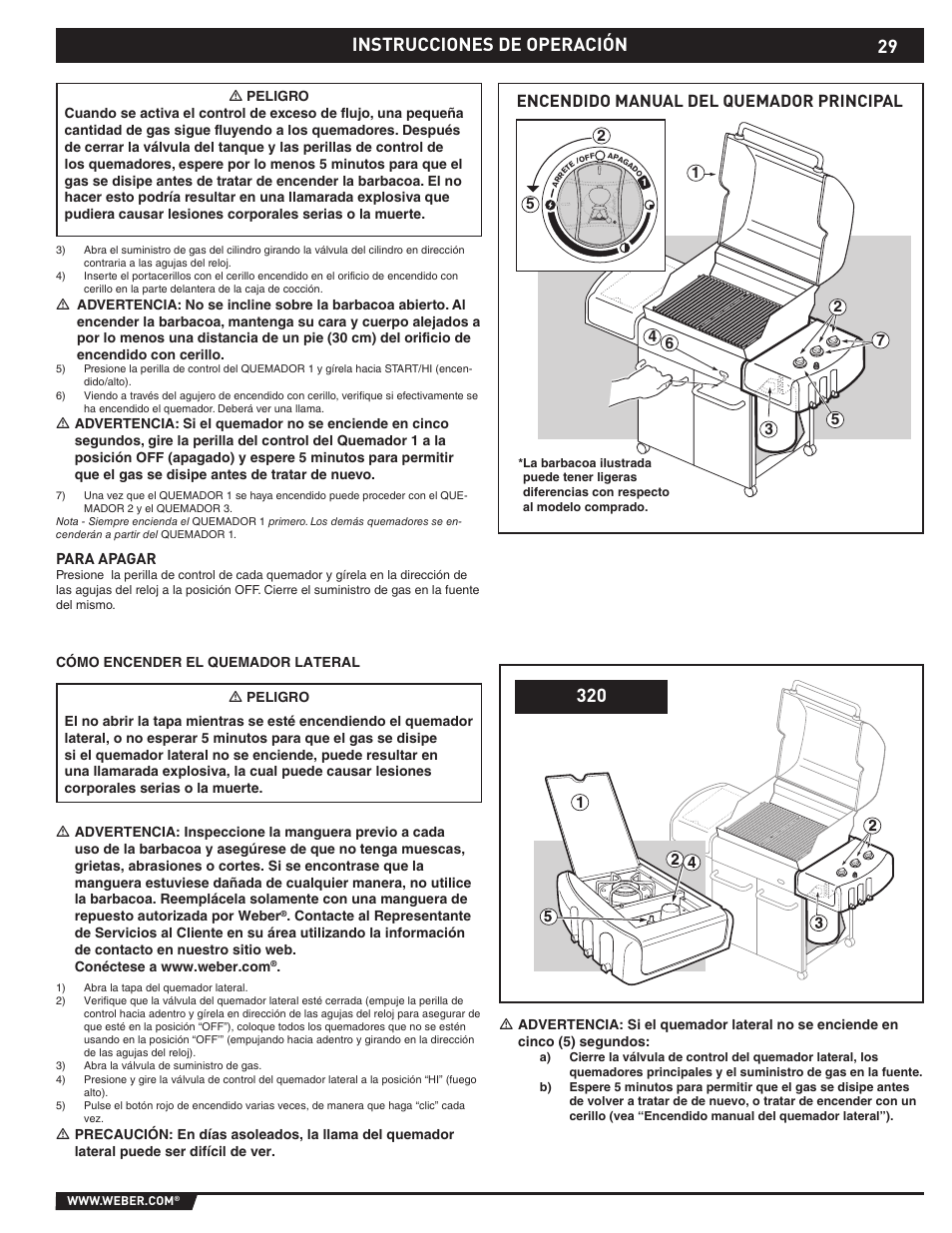 Instrucciones de operación 320, Encendido manual del quemador principal | weber E/S-310 User Manual | Page 29 / 56