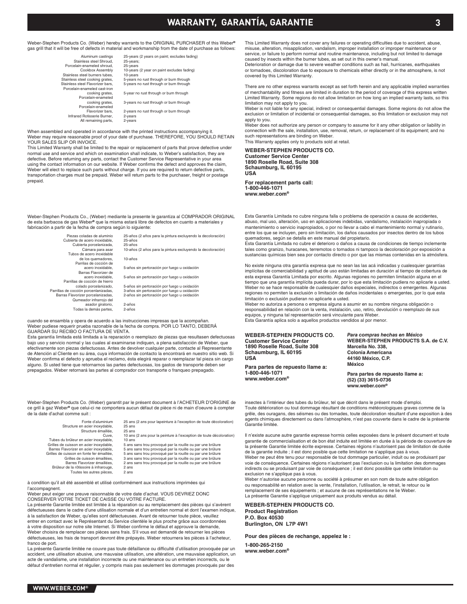 Warranty, Warranty, garantía, garantie | weber E/S-310 User Manual | Page 3 / 56