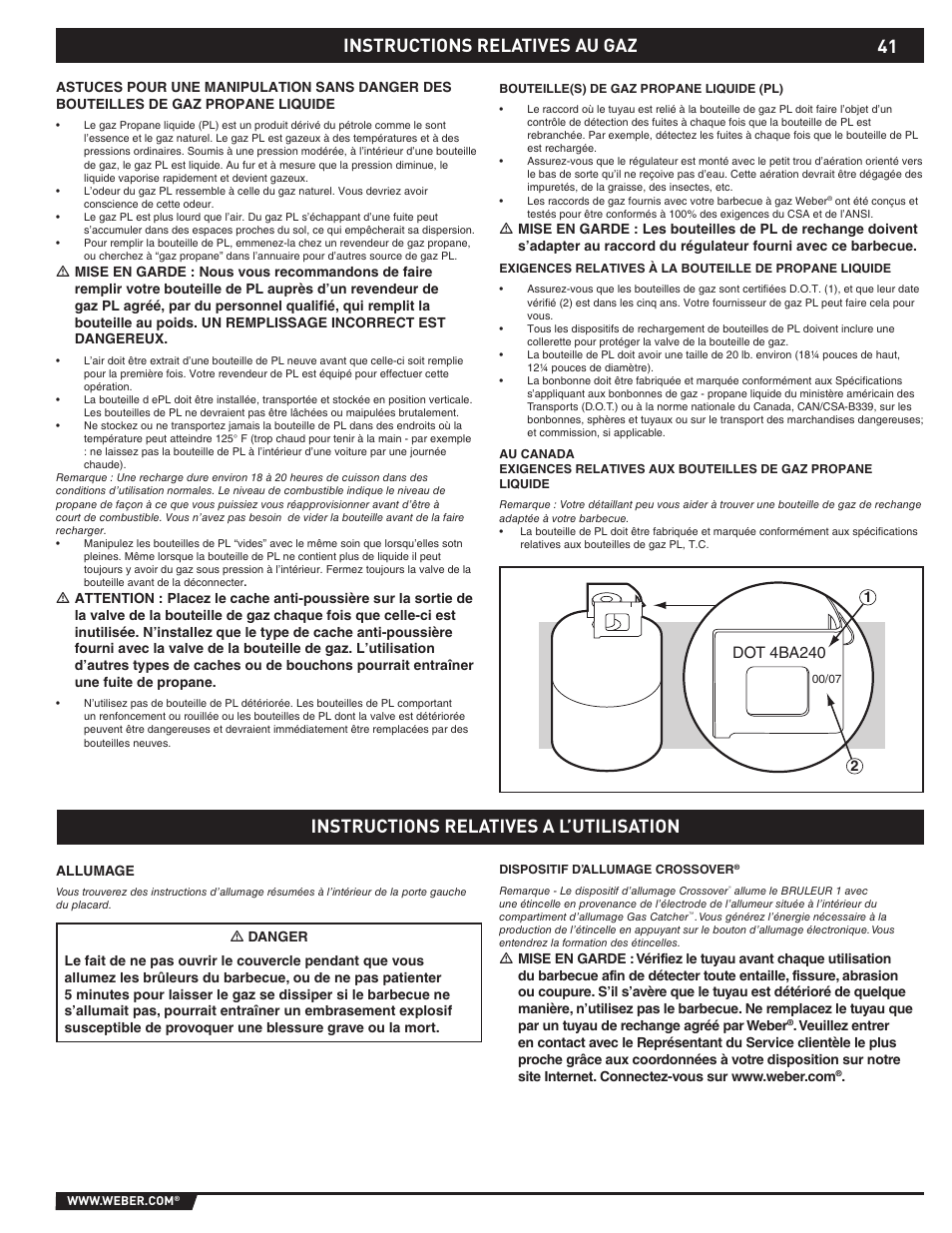 Gas instructions, Instructions relatives au gaz, Instructions relatives a l’utilisation | weber E/S-310 User Manual | Page 41 / 56