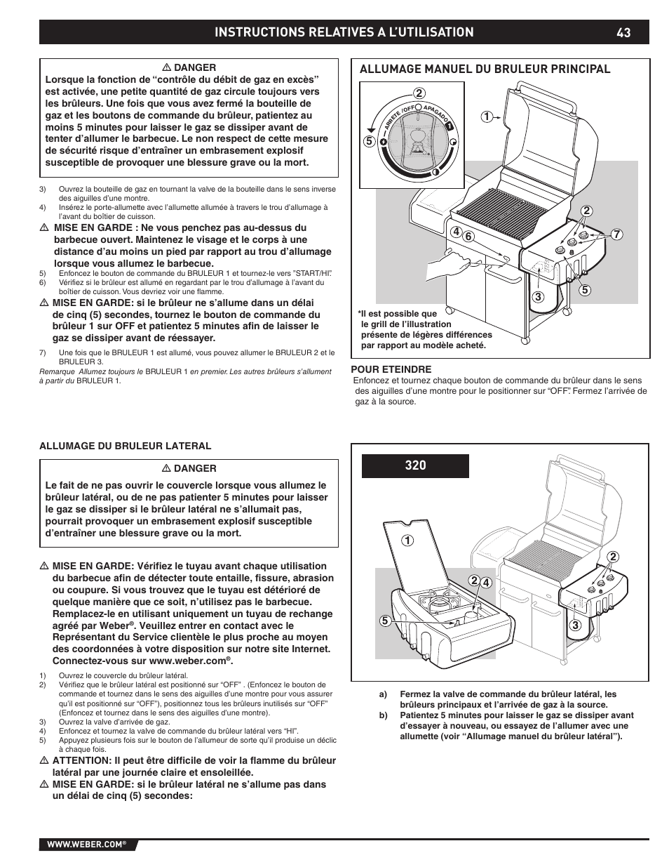 Operating instructions, Instructions relatives a l’utilisation, Allumage manuel du bruleur principal | weber E/S-310 User Manual | Page 43 / 56