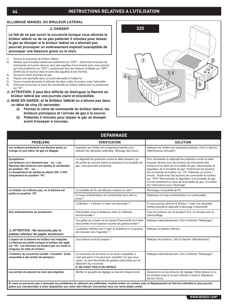 Instructions relatives a l’utilisation depannage, Si le brûleur latéral | weber E/S-310 User Manual | Page 44 / 56