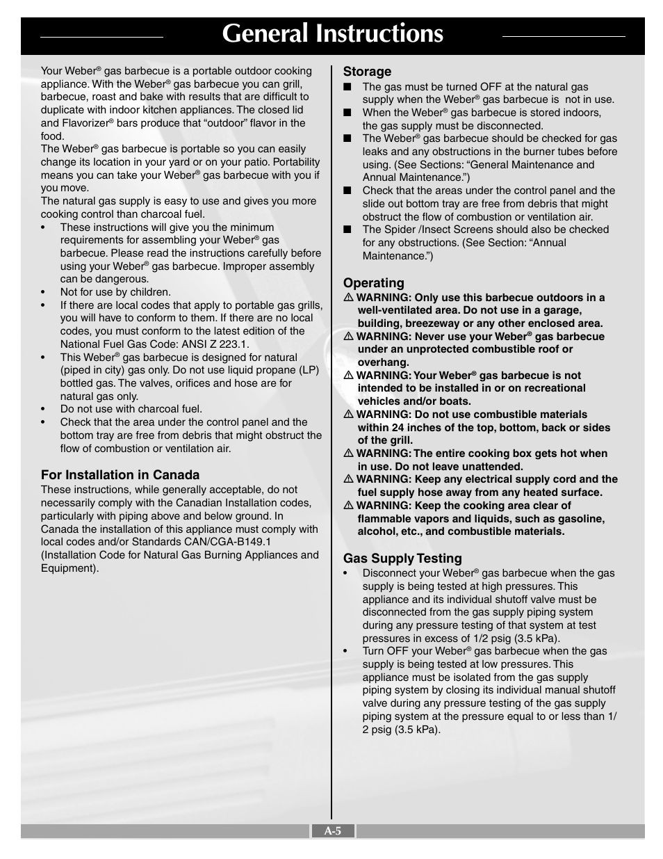 General instructions, For installation in canada, Storage | Operating, Gas supply testing | weber Silver C User Manual | Page 5 / 31
